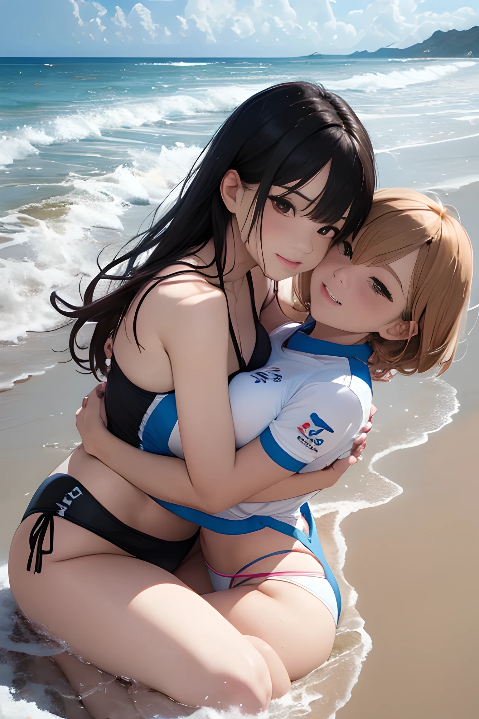 2 Young Women,Portrait,low angle Full body shot,Beach background,masutepiece,准确,Anatomically correct,Textured skin,breast front lighting,using reFlectors,F/1.4,24mm,Sony A9,Regina Display,Super Detail,high details,High quality,Best Quality,hight resolution,Uhard disk,1080p,hard disk,4K,8K,Cute,Korean idol with cool short hair wearing a bikini, and a Cute Japanese idol with long hair wearing a one-piece swimsuit, Hug each other passionately on the sandy beach