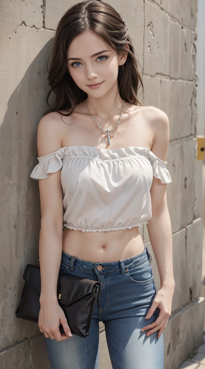 26 year old white woman、Hair is brunette、Eye color is blue、Longhaire、Slender but well-proportioned muscular body、She is wearing a frilly one-shoulder top.、wearing skinny jeans、wearing a rosary necklace、accessories on the wrist、setting hair、a smile、I have a clutch bag、I am in front of a wall with wall art written on it.、I'm so excited、I'm pulling my hair up、