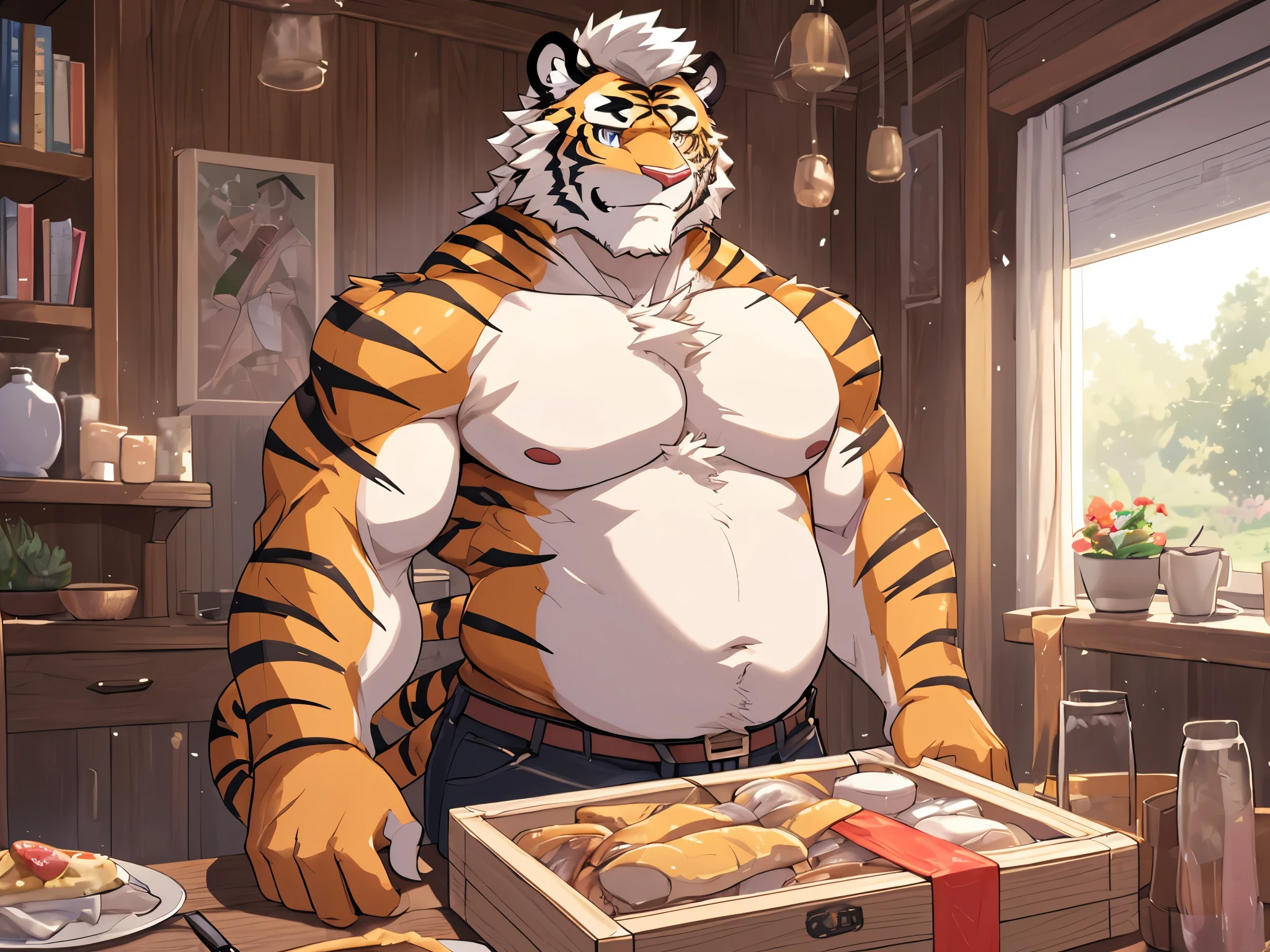 anthro ((tiger)), furry, tiger, golden fur, (white hair:1.5), beard, male, white eyebrows, violet eyes, masterpiece, (no stripes on face:1.5), ((Best quality)), character focus solo, handsome, middle-aged, mature, muscle body, sexy, dilf, full body, (((kosutora))), ((naked body)), ((muscle)), ((chubby)), ((erection upward)), ((sperms on body)), wrap by red ribbons, inside a giant gift box, shy, embarassed,