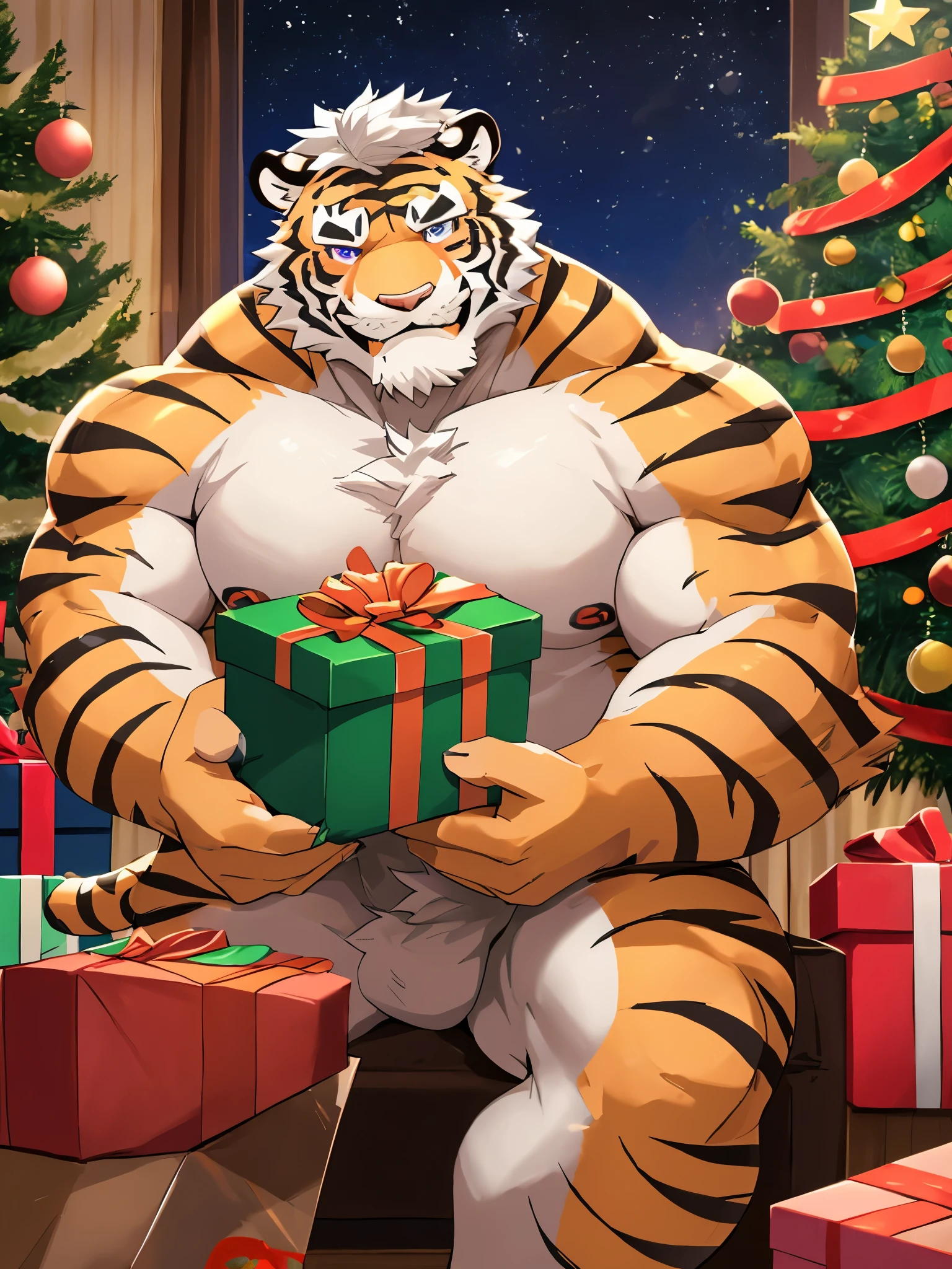 anthro ((tiger)), furry, tiger, golden fur, (white hair:1.5), beard, male, white eyebrows, violet eyes, masterpiece, (no stripes on face:1.5), ((Best quality)), character focus solo, handsome, middle-aged, mature, muscle body, sexy, dilf, full body, (((kosutora))), ((naked body)), ((muscle)), ((chubby)), ((erection upward)), ((sperms on body)), wrap by red ribbons, inside a giant gift box, shy, embarassed, ((christmas gift)), under the christmas tree,