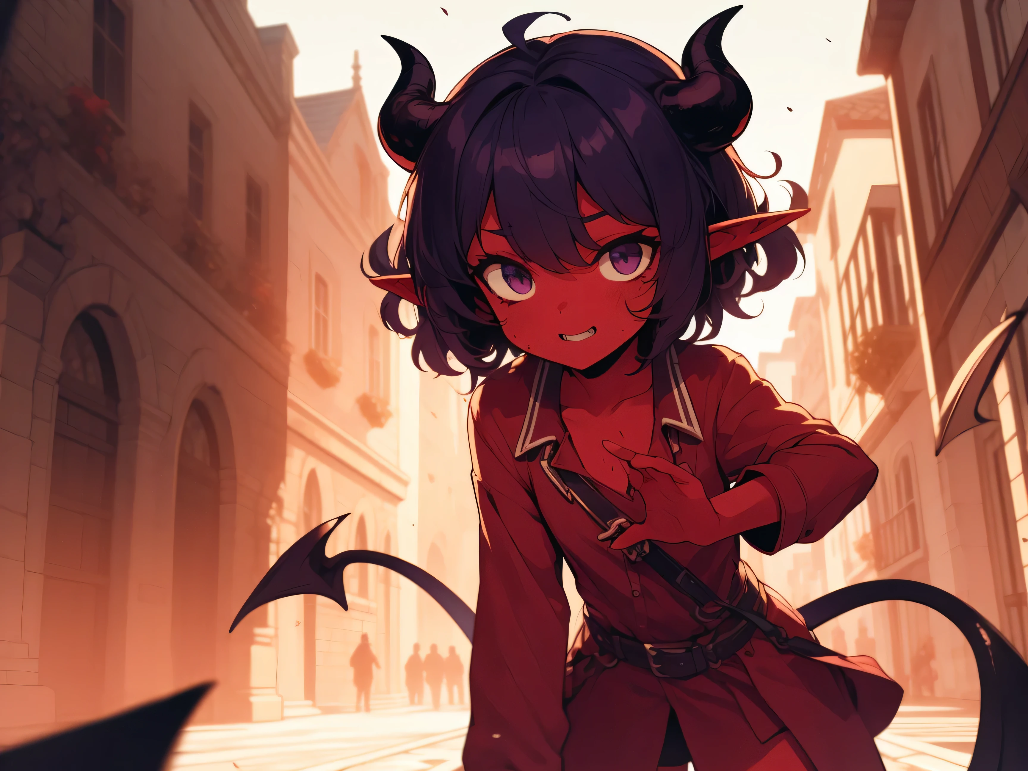 ((loli)), (tiefling), red skin, small black devil horns, short hair, ((messy hair)), black hair, purple hair highlights, purple eyes, dirty face, dirty clothes, devil tail, fantasy town, sunny day, ((explosions)), fire, dynamic pose, Very good figure, bright tone, warm color, colorful, masterpiece, super detail, high quality, best quality, highres, 16k