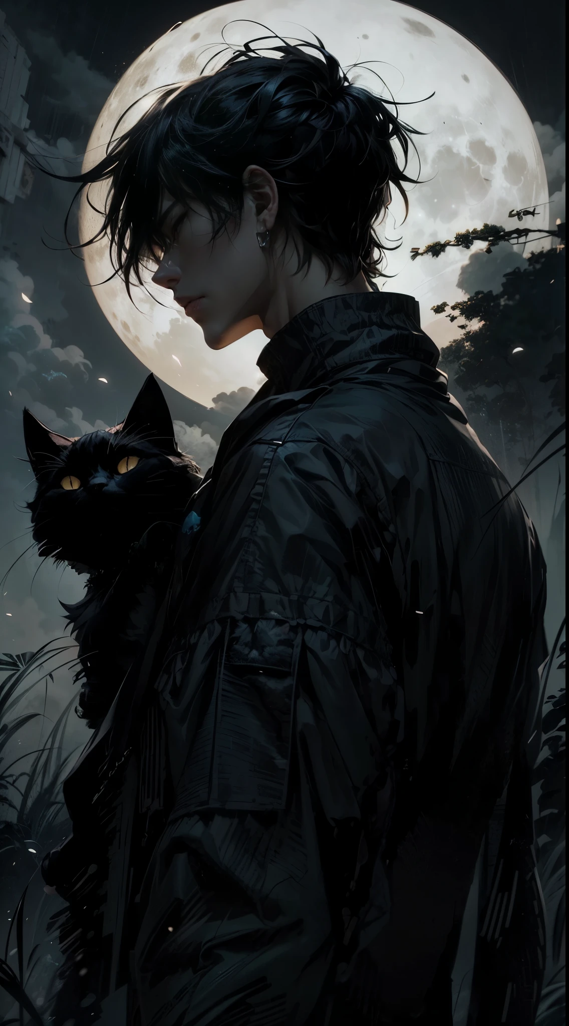 a close up of a person with a cat in front of a full moon, artwork in the style of guweiz, by Yang J, handsome guy in demon slayer art, guweiz, 4 k manga wallpaper, boy with cat ears and tail, emo boy with cat ears and tail, by Jin Nong, anime art wallpaper 4 k