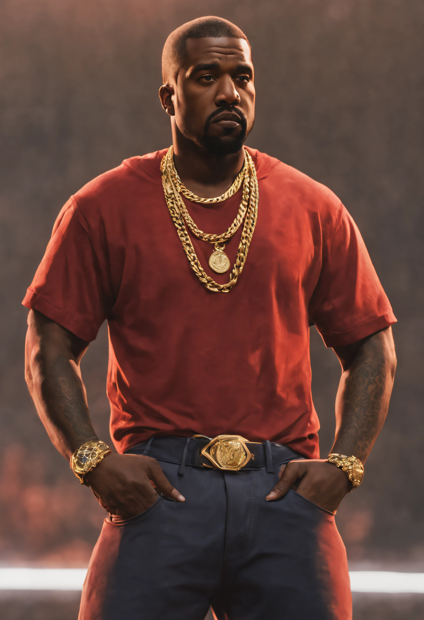 Kanye West with his arms crossed, sem camisa, Tatuado,magro, Gold chain around his hip hop style neck, cabelos vermelho, Sobrancelhas vermelhas, cavanhaque vermelho, GTAV Estilo dos desenhos animados, com fundo vermelho, com raios azuis, estilo dos desenhos animados, foco no fundo dos desenhos animados, capa de revista, textos chamativos ao fundo, revista de luxo, textos com fonte Times new roman.