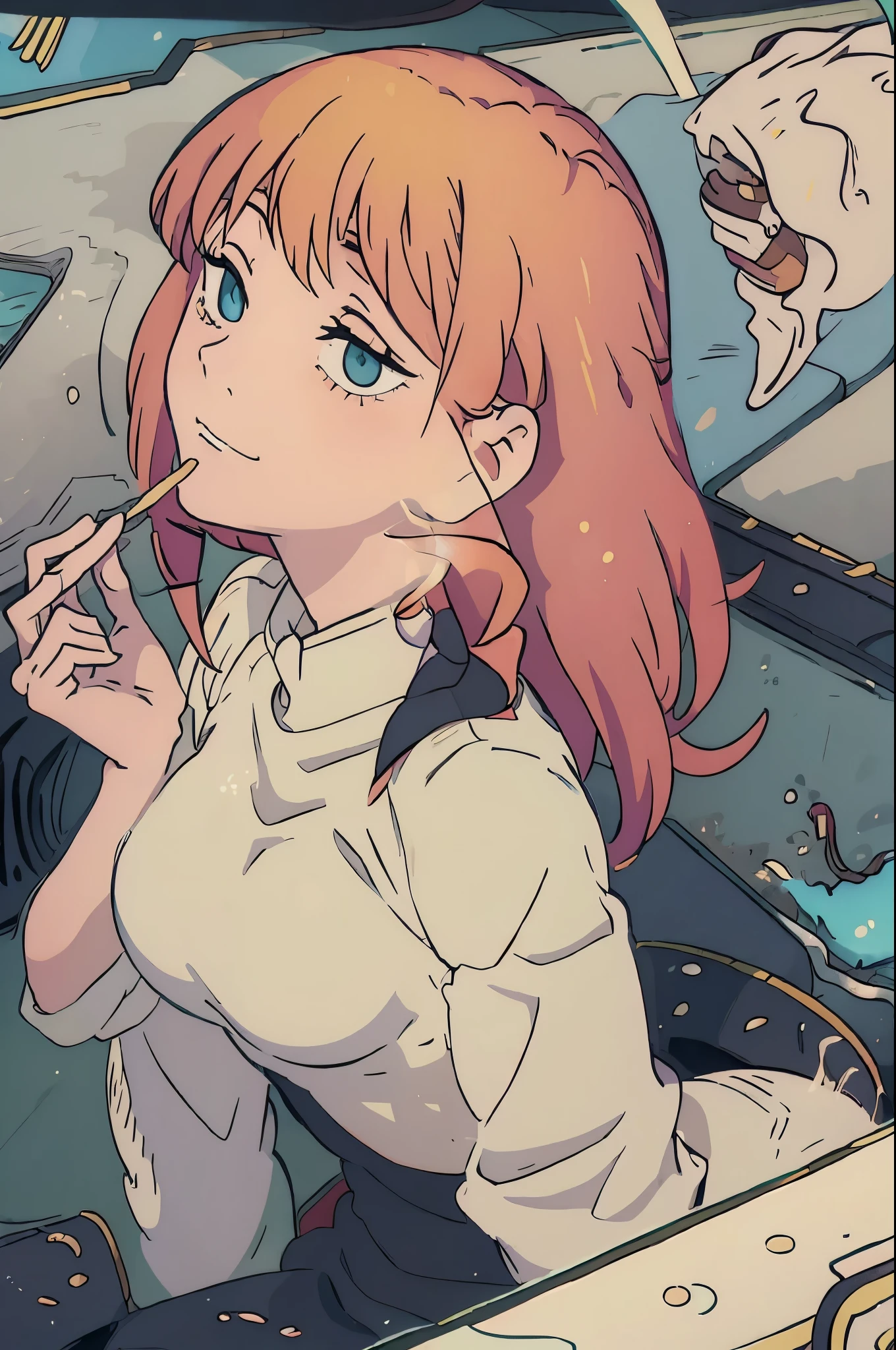 (best quality)), ((masterpiece)), (detailed), anime, , Makima, blond, from side, pointing forward, smiling,