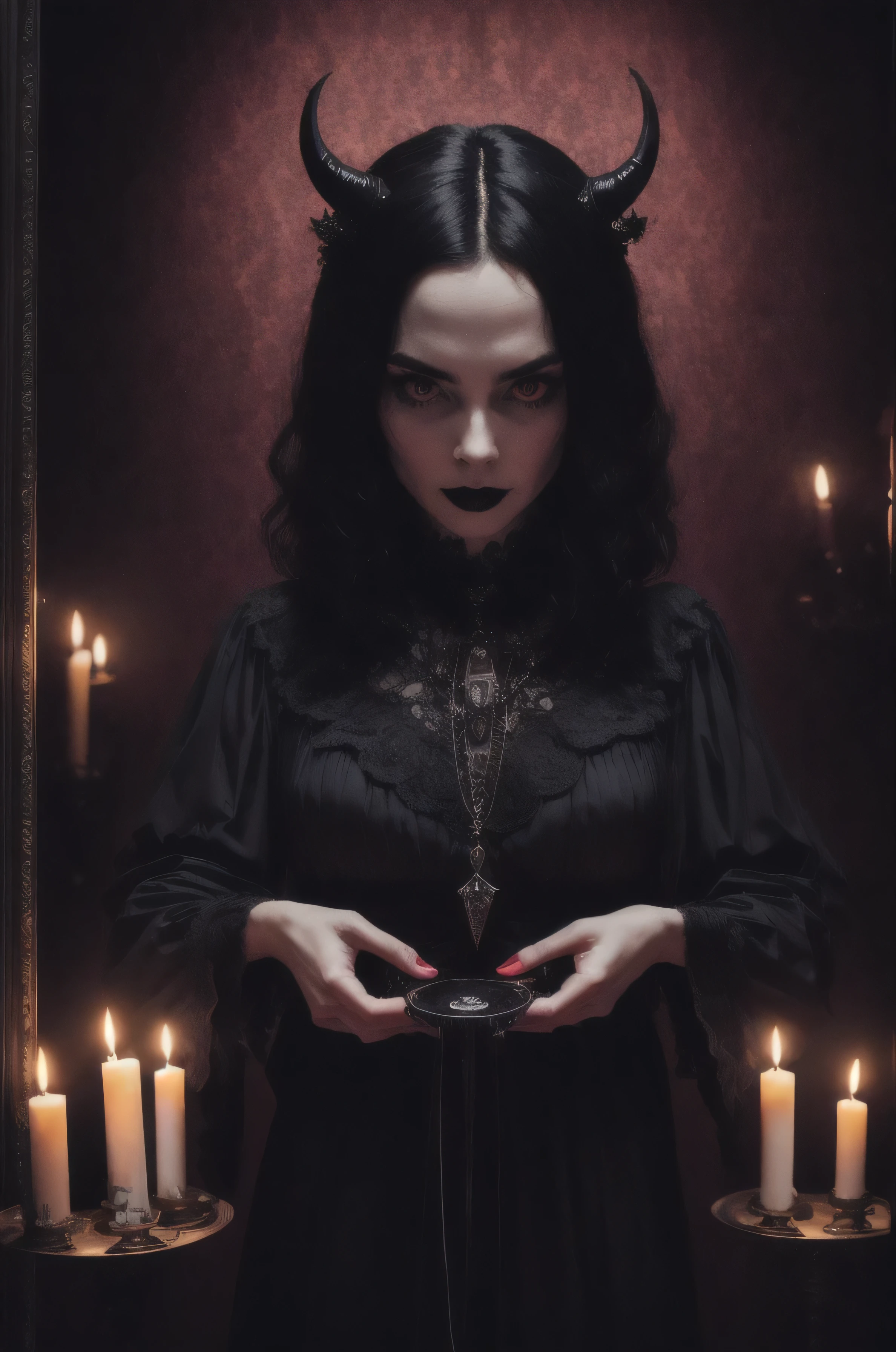 Horrid, possed, black mirror, cult, portrait, Dark magic, ominous, vintage, demon succubus dark night ritual. scrying black mirrors