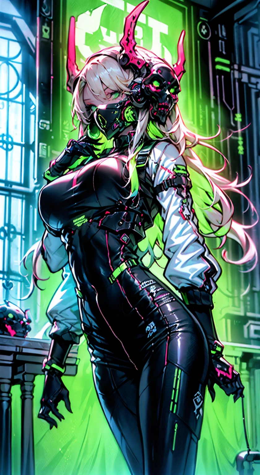 8K,Ultra Detail,ultra-quality,ultra precision,ultimate masterpiece,Girl,big boobs,big Thigh,bomber jacket,long leather pants,long twin tail(blond)(innercolor of pink),cool Graffiti on the wall,Cyber punk mask,Theme of Cyber Punk,