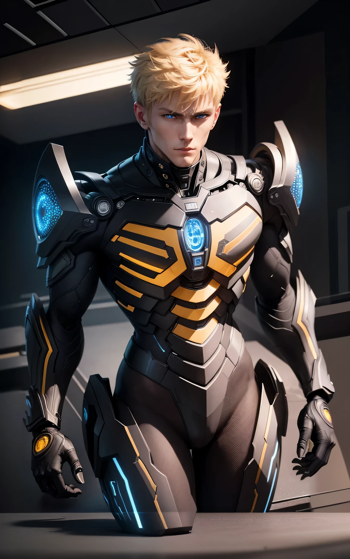 Genos, man with black mechanical body, blond hair, very handsome, detailed black mechanical eyes, Detailed Face, Detailed body, (Reality: 1.4), (A hyper-realistic), (High Resolution), (8K), (Highly detailed), ( Best illustration), (詳細な目), (ultra-detailliert), vivid lighting, Professional lighting, scary face.