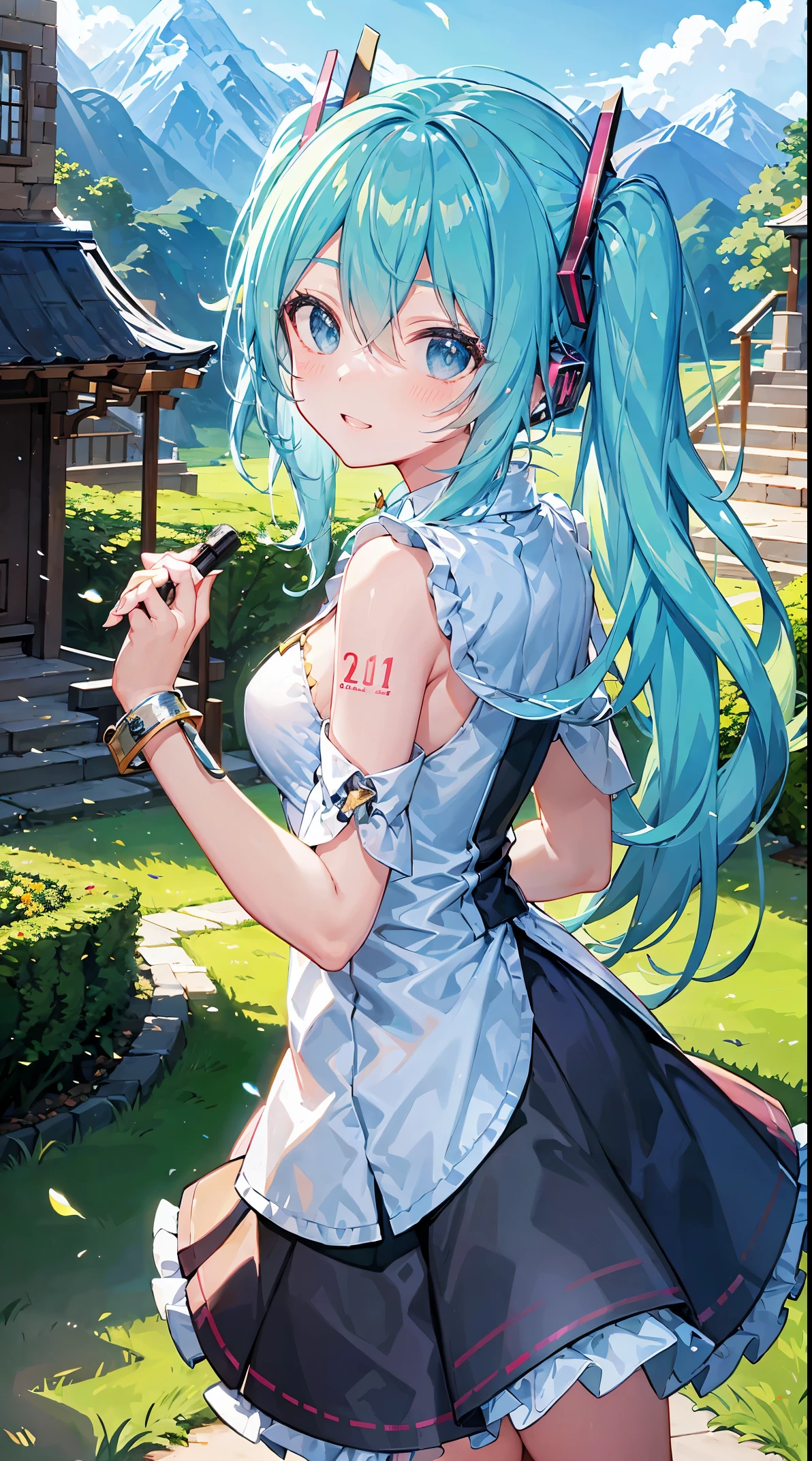 vocaloid3, upper body, smile, blush, outdoors, day, simple background, blue sky, sky, temple, looking at viewer, stairs, mountain, moody lighting, facing viewer,