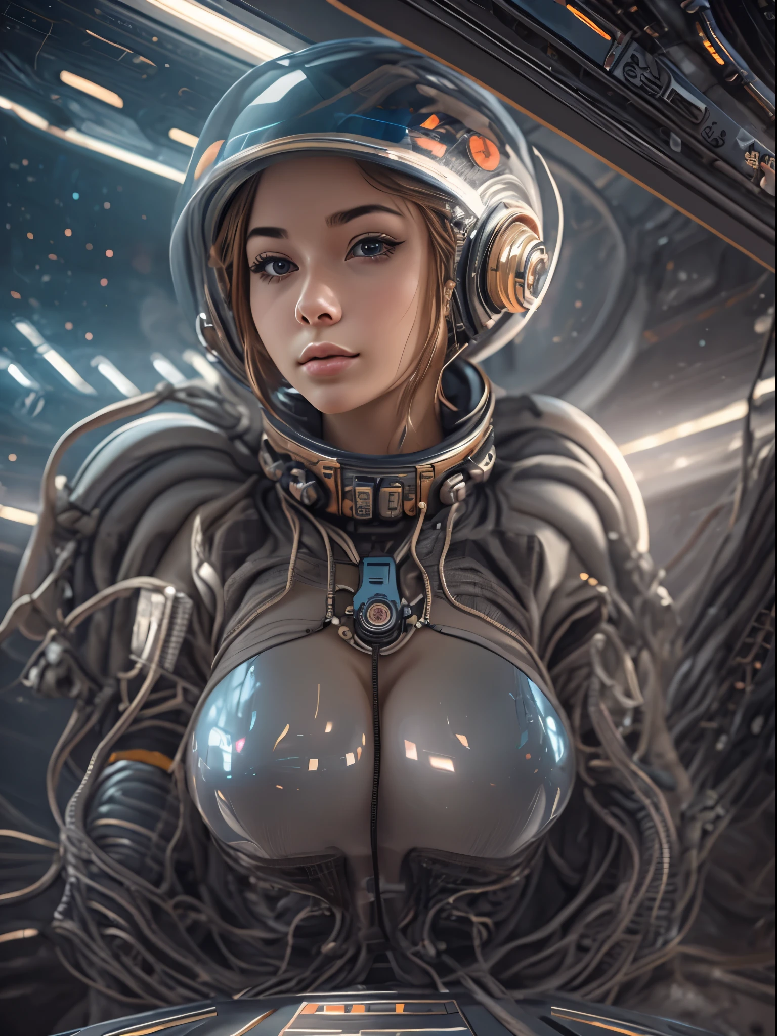 masterpiece、top-quality、The ultra -The high-definition、Top resolution、ighly detailed、profetional lighting、illustratio、(Futuristic spaceship interior interior)、(Inside the space station)、Space passenger aircraft seatustshot,1人の女性,(space helmet):1.8,(space suits:1.4),(Glossy Latex Silver Bodysuit):1.3,(deadpan:1.5),(real face):1.5,(very long hair):1.2,(dark hair), Shining hair ornament, head phone,space suits,Colossal tits、(A slight smil:1.0)、pretty skin、Japanese girl, big breasts,