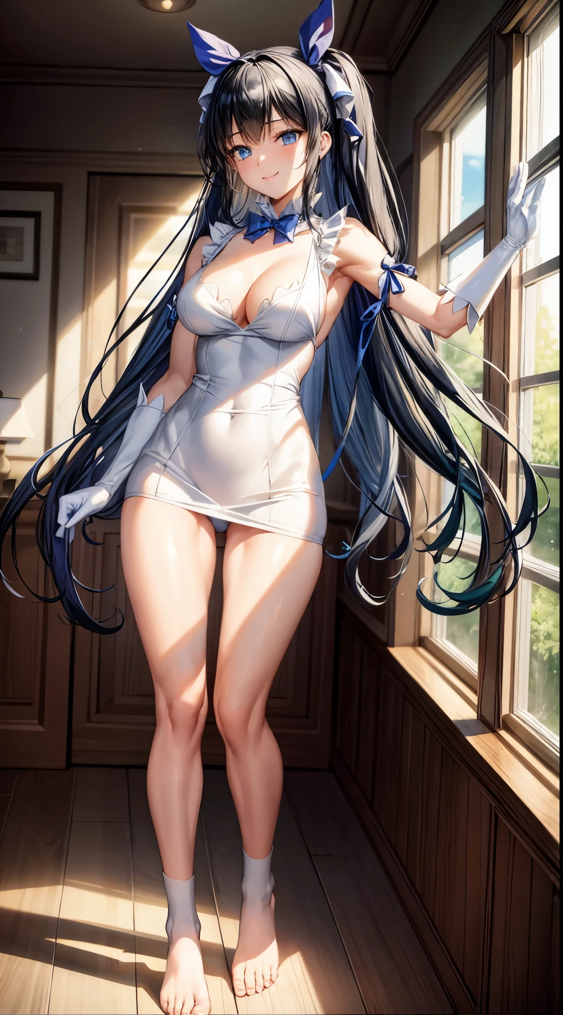 (masterpiece, best quality, extremely detailed CG, beautiful detailed eyes, ultra-detailed, {{{in the motel room}}}, intricate details: 1,2), 8K wallpaper, elaborate assets, (1 girl, Only : 1.4), standing, (anime style textures), very high resolution, (vibrant colors, dynamic lighting: 1.0), (high contrast: 0.8), cookie (Danmachi), breasts, long hair, blue ribbon, (Double tails ), gloves, ribbon, dress, king no, lust, big breasts, blue eyes, black hair, (slender), white gloves, cleavage, white dress, hair ribbon, bow, sleeves, sleeves dress, fringe, cropped neckline, hair ornament, bow tie, cut-out clothes, very long hair, level dressing, arm ribbon, (full body: 1.1), smile, cute, muscular legs, muscular belly, long pants, standing, barefoot