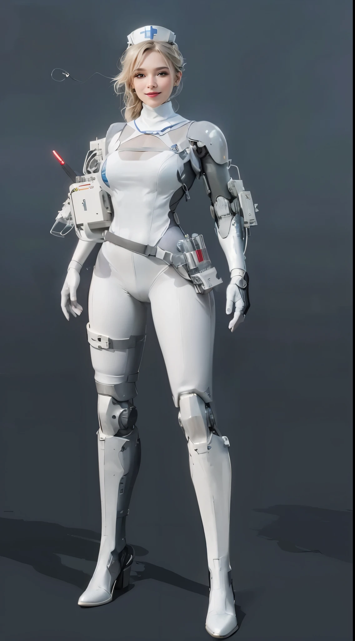 (Highest image quality, outstanding details, ultra-high resolution), 1 girl, (wearing white futuristic military nurse outfit), (glamour body:1.2, buffed and muscular body), (a bit chubby:0.5), (futuristic military nurse outfit inspired by bike suit and industrial manufacturing robot, military harness, military gears such as poucheackground military base, mild smile, dynamic pose, dramatic lighting,