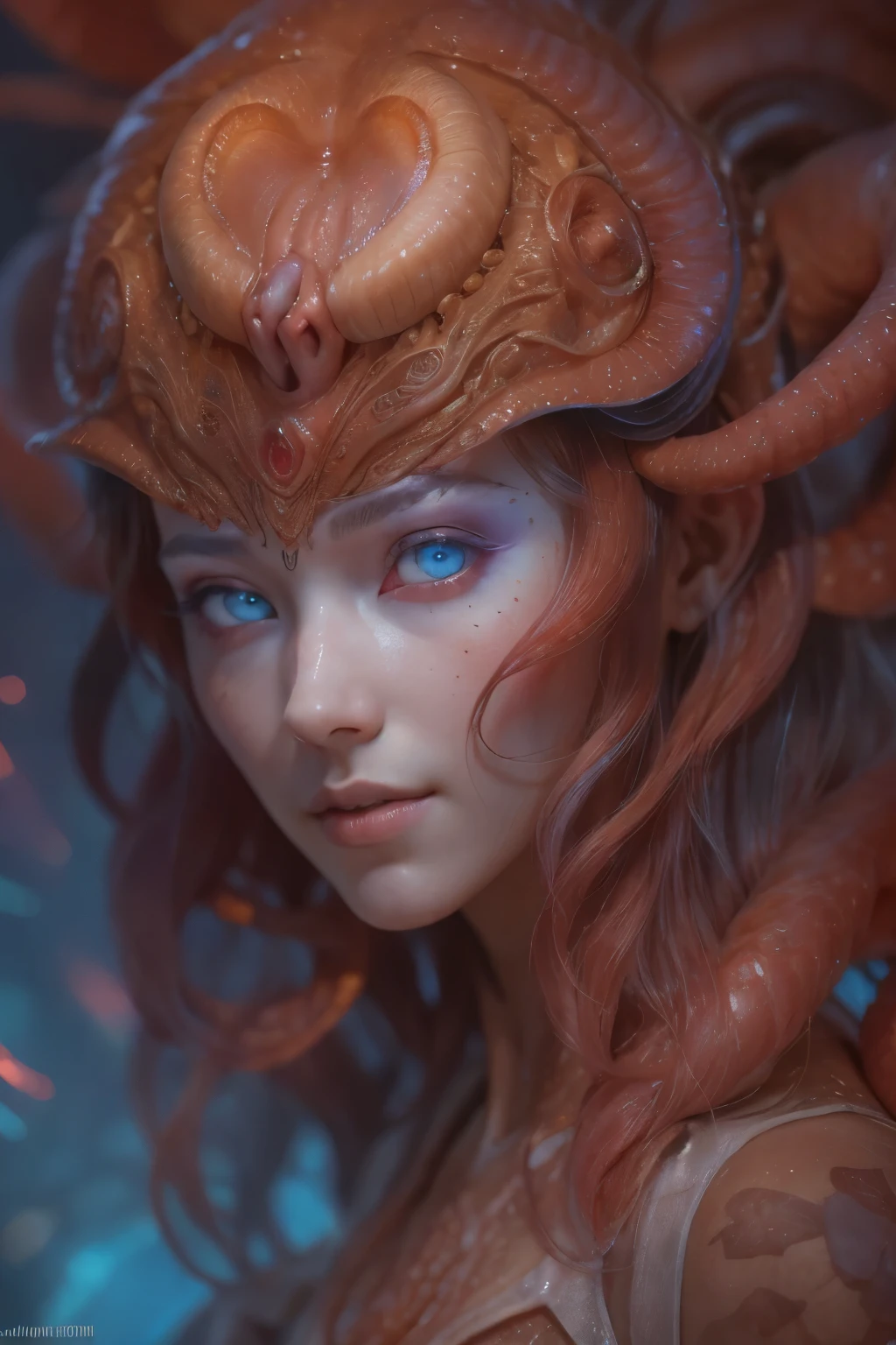 Portrait, (beautiful female alien:1.2), (There is a female genital-like organ in the middle of the forehead..:1.8), (The most beautiful face in the history of the universe:1.2), (scarlet eyes:1.6), (Translucent skin:1.8), an evil gaze that seduces , (red eyes:1.5), Full body like, (sexypose:1.5), alien, No humans, cells are fused, (Lots of translucent tentacles:1.1) (Translucent skin:1.3), extraterrestrial, cell, bio image, 魅惑的, Best Quality, 8K,4K_quality, High Definition, Dramatic Lighting, masutepiece:1.5,cinematic quality, detail up, (Intricate details:1.2), High resolution, High Definition, drawing faithfully, (Thick eyebrows:1.2), Beautiful eyes with fine symmetry, (Ultra detailed eyes:1.2),(Highly detailed face and eyes:1.2), (High-resolution red-eye:1.4), Intimate face, (Super detailed skin quality feeling:1.4), Perfect Anatomy, (Beautiful toned body:1.5), (Moist skin:1.2), No makeup, (dark circles:1.1), long canines, cinematic drawing of characters, ultra high quality model, cinematic quality, detail up, (Intricate details:1.2), High resolution, High Definition, drawing faithfully, Official art, Unity 8K wall , 8K Portrait, Best Quality, Very High resolution, ultra detailed artistic photography, midnight aura, unreal enginee 5, Ultra Sharp Focus, art by alberto seveso, ArtGerm, Roisch, intricate artwork, Medusa, best quality, masutepiece, ultra High resolution, (photos realistic:1.4), Ultra-realistic realism, dream-like, nautilus, Creation of fantasy, Snail, Dream Snail, biopunk nautilus, Thrilling color schemes, Ultra-realistic realism, seductively smiling, Blue tentacles