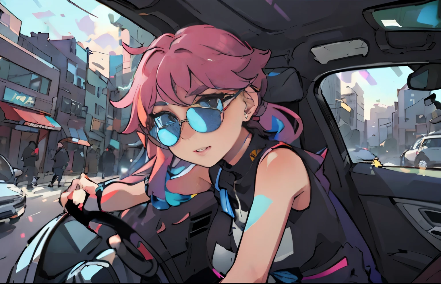 A girl riding in an SUV, glossy car paint, vibrant colors, realistic rendering, detailed features, bright sunlight, urban background, fashionable outfit, confident expression, sunglasses, long flowing hair, cityscape, bustling streets, stylish accessories, car interior details, rearview mirror, polished metal surfaces, professional photo quality.