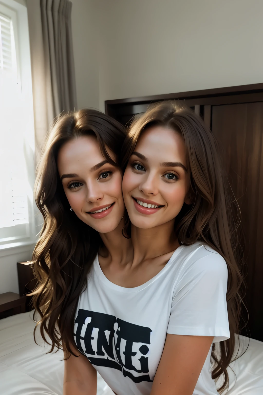 photo portrait of gorgeous white woman wearing t-shirt in bedroom,smile,long brunette hair, long blonde hair, best quality,4k,8k,ultra hires,realistic,photo realistic,RAW photo,hdr,sharp focus,skin imperfections,masterpiece,hard light,athmospheric,conjoined_dicephalus,(two heads:1.5),