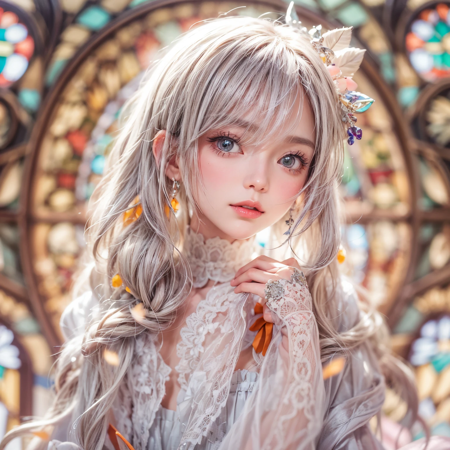 SFW, concept art, Tiny junior idol, Delicate lace knitted white clothes, (nipple:-0.9), face closeup, (Dazzling stained glass Background), (((Renbutsu Misako), colorful Light shines through delicate stained glass:1.2, vivid red colors, lense Particle, lens flare, light Particle, Dazzling Halo, Acutance:0.8)). (masterpiece:1.2),(ultra-detailed:1.37),(realistic,photorealistic,photo-realistic:1.37), (Extremely detailed KAWAII face variations, innocent expression variations), rosy cheeks, intricate detailed eyes with sparkling highlights, long eyelashes with volume, subtle blush on the face. Mystic sight, haze, impeccable skin texture, captivating gaze, ((Dynamic-angle, physically-based rendering)), whole Body proportions and all limbs are anatomically accurate .