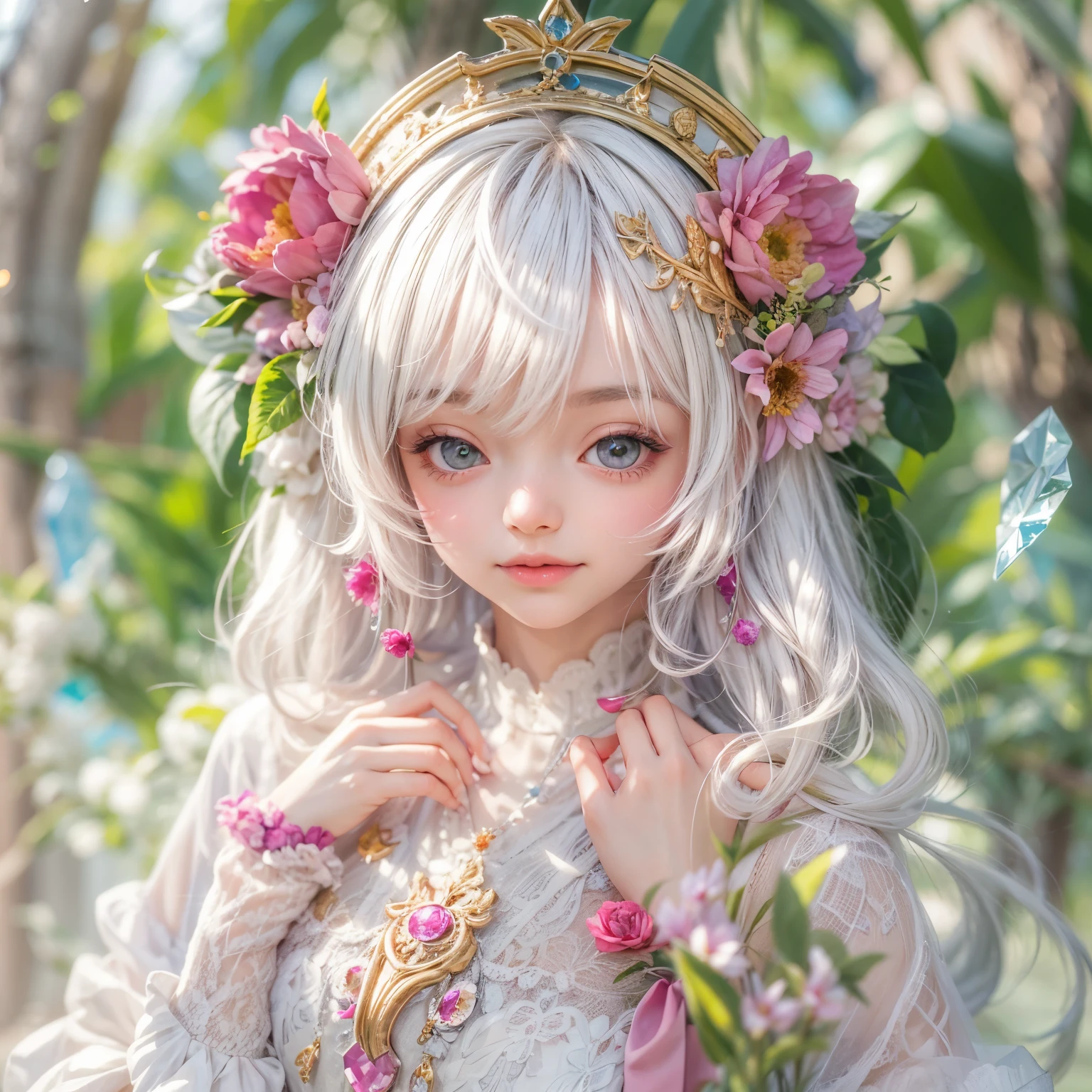 (SFW, Exposed:1.2), concept art, Tiny junior idol, Delicate lace knitted white clothes, (nipple:-0.9), (face closeup, (Dazzling stained glass Background)), (((Renbutsu Misako), vivid colorful Light shines through delicate stained glass:1.35, Dazzling Halo, Acutance:0.8)), {vivid red |Mystic sight | haze | lense Particle | lens flare | light Particle}. (masterpiece:1.2),(ultra-detailed:1.37),((realistic,photorealistic,photo-realistic:1.37)), (Extremely detailed KAWAII face variations, innocent expression variations), {rosy cheeks | intricate detailed eyes with sparkling highlights | long eyelashes with volume | subtle blush on the face}. impeccable skin texture, captivating gaze, ((Dynamic-angle, physically-based rendering)), whole Body proportions and all limbs are anatomically accurate . full of flowers covering girl's body .