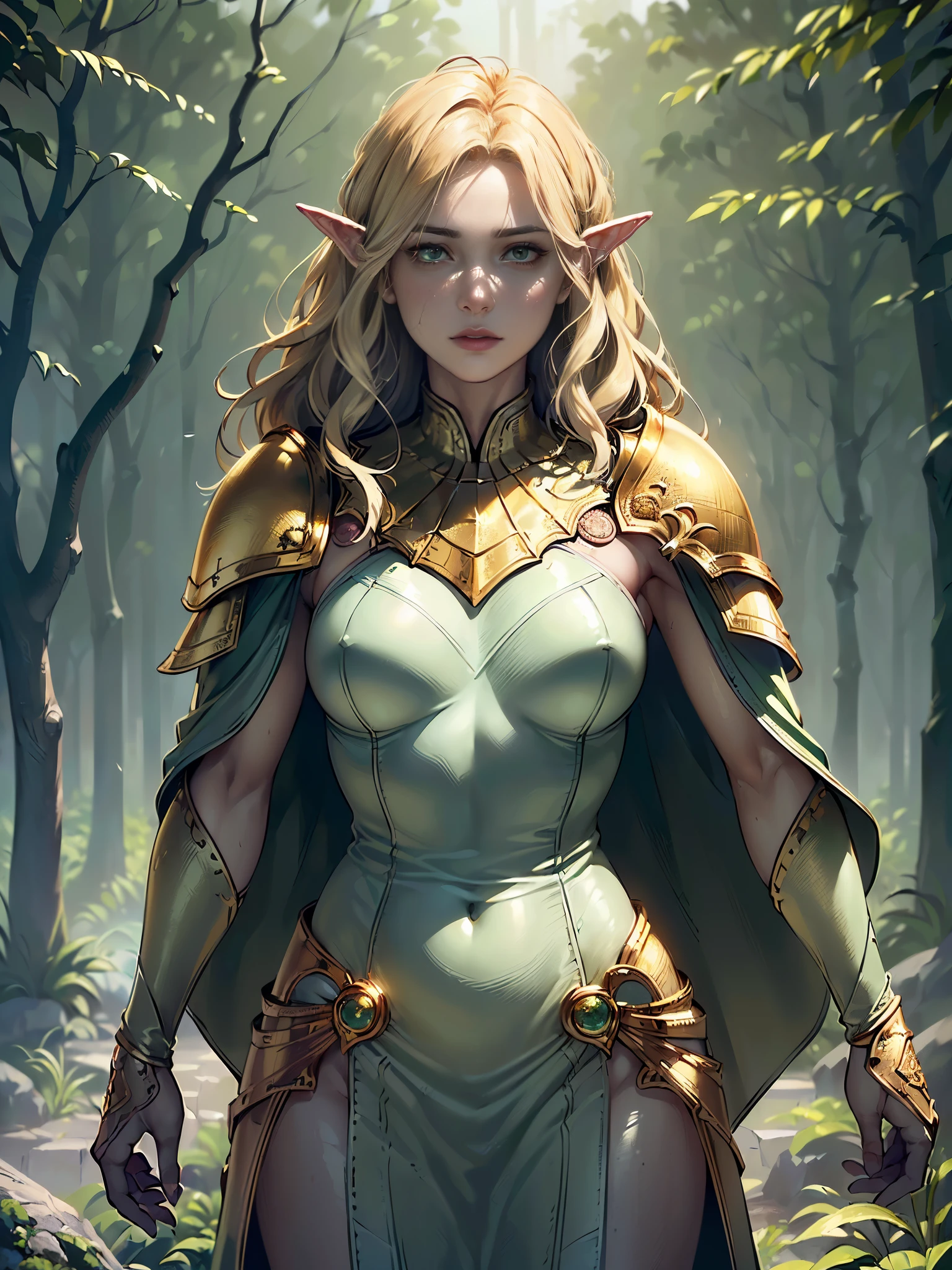 ((Quality: masterpiece, best quality, UHD, anatomically correct, photo realism, textured and detailed skin, skin pores, skin imperfections, textured and detailed hair, dramatic lighting, high contrasting light and shadows, complimentary colours)), inspired by the natural rain forest, elven archer fantasy warrior, flowing cape, detailed chrome armor, ((green, yellow, gold))