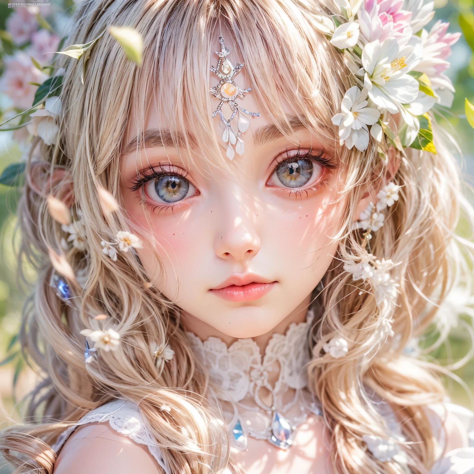 (SFW, Exposed:1.2), concept art, Tiny junior idol, Delicate lace knitted white clothes, (nipple:-0.9), (face closeup, (Dazzling stained glass Background)), (((Renbutsu Misako), vivid colorful Light shines through delicate stained glass:1.35, Dazzling Halo, Acutance:0.8)), {vivid red |Mystic sight | haze | lense Particle | lens flare | light Particle}. (masterpiece:1.2),(ultra-detailed:1.37),((realistic,photorealistic,photo-realistic:1.37)), (Extremely detailed KAWAII face variations, innocent expression variations), {rosy cheeks | intricate detailed eyes with sparkling highlights | long eyelashes with volume | subtle blush on the face}. impeccable skin texture, captivating gaze, ((Dynamic-angle, physically-based rendering)), whole Body proportions and all limbs are anatomically accurate . full of flowers covering girl's body .