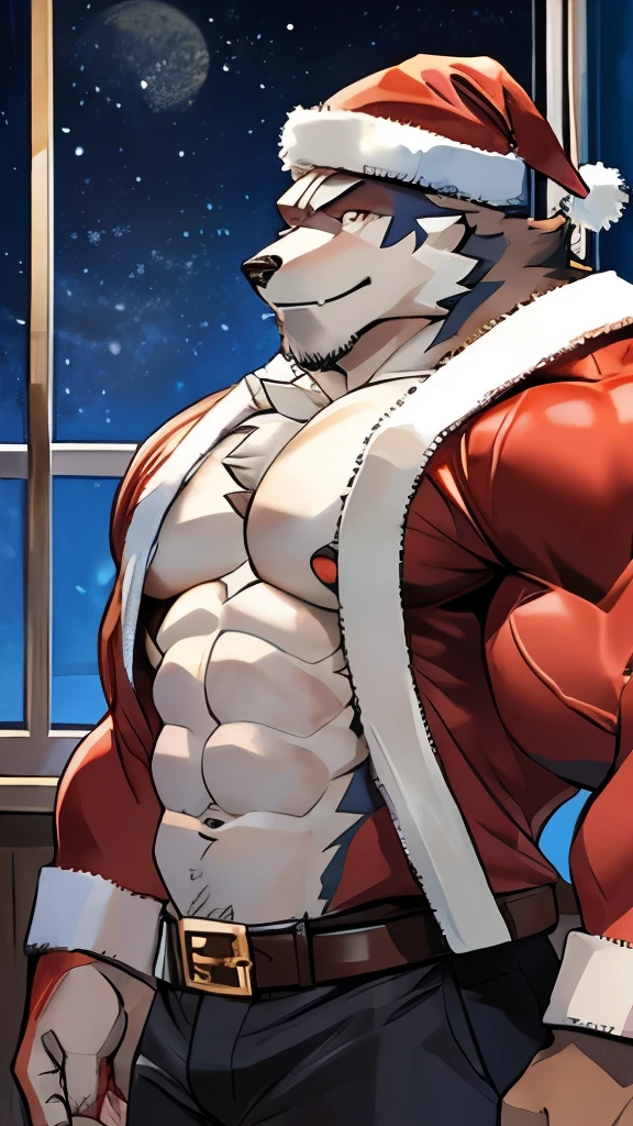 furry male wolf species has a buff and big muscle body, wears santa hat, it's Christmas