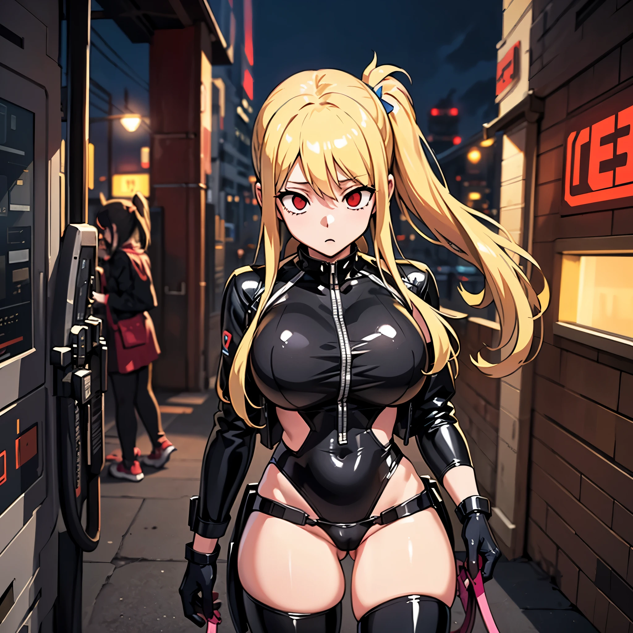{1 woman},masutepiece++, Best Quality++, Ultra-detailed+, 超A high resolution,(Photorealistic:1.4),lucy heartfilia,Raw photo,(lucy heartfilia)+,(lucy heartfilia)+,She wears a black latex suit from neck to toe., deadpan, ,Red Eyes,,鎖骨, blondehair, Long hair, Side Ponytail, very aesthetic, Best Quality, 不条reason, Brainwashed,}}}(Opening legs)、Ultra-detailed細な8K、huge-breasted、Perfect female body、Operating table、reason, Brainwashed,}}}} Empty eyes, Red glowing eyes , The shape of the pubic area is clearly visible、Brainwashed、Cyberpunk, Dark Lab, darkened room,(Neon light:1.2), (Night:1.5),((low angles))