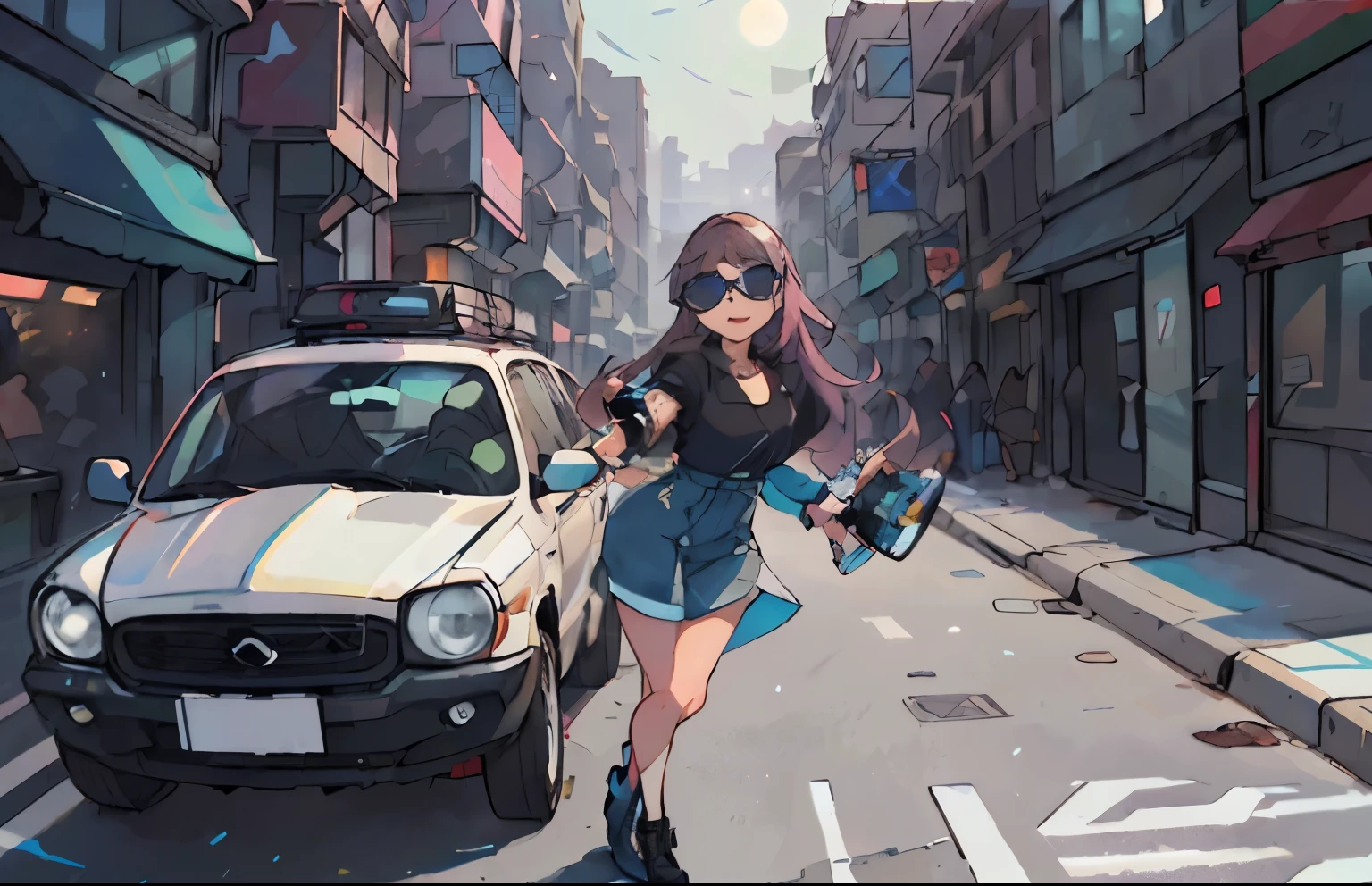 A girl riding in an SUV, glossy car paint, vibrant colors, realistic rendering, detailed features, bright sunlight, urban background, fashionable outfit, confident expression, sunglasses, long flowing hair, cityscape, bustling streets, stylish accessories, car interior details, rearview mirror, polished metal surfaces, professional photo quality.