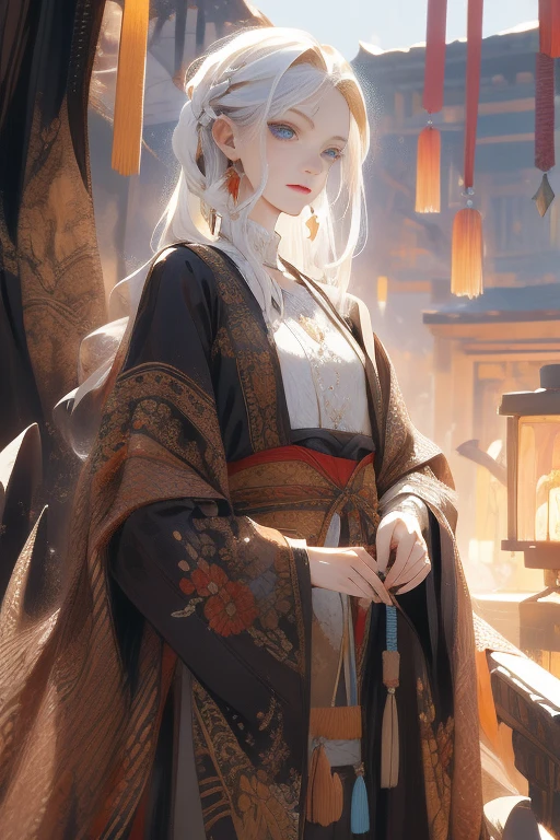 (absurdres, highres, ultra detailed), 1girl, mature female, white hair, long hair, blunt bangs, blue eyes, dress, long sleeves, finely detailed eyes and detailed face, intricate details, BREAK mosaic art, small pieces, colorful tesserae, intricate patterns, tiled designs, durable surfaces, time-honored techniques BREAK macro photography, extreme close-up, intricate details, magnified textures, stunning clarity, hidden beauty, immersive perspective BREAK , artisanal creations, handmade goods, unique designs, intricate details, creative expression, skilled craftsmanship