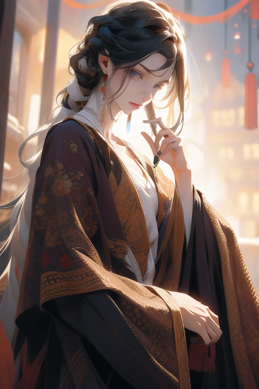 (absurdres, highres, ultra detailed), 1girl, mature female, white hair, long hair, blunt bangs, blue eyes, dress, long sleeves, finely detailed eyes and detailed face, intricate details, BREAK mosaic art, small pieces, colorful tesserae, intricate patterns, tiled designs, durable surfaces, time-honored techniques BREAK macro photography, extreme close-up, intricate details, magnified textures, stunning clarity, hidden beauty, immersive perspective BREAK , artisanal creations, handmade goods, unique designs, intricate details, creative expression, skilled craftsmanship