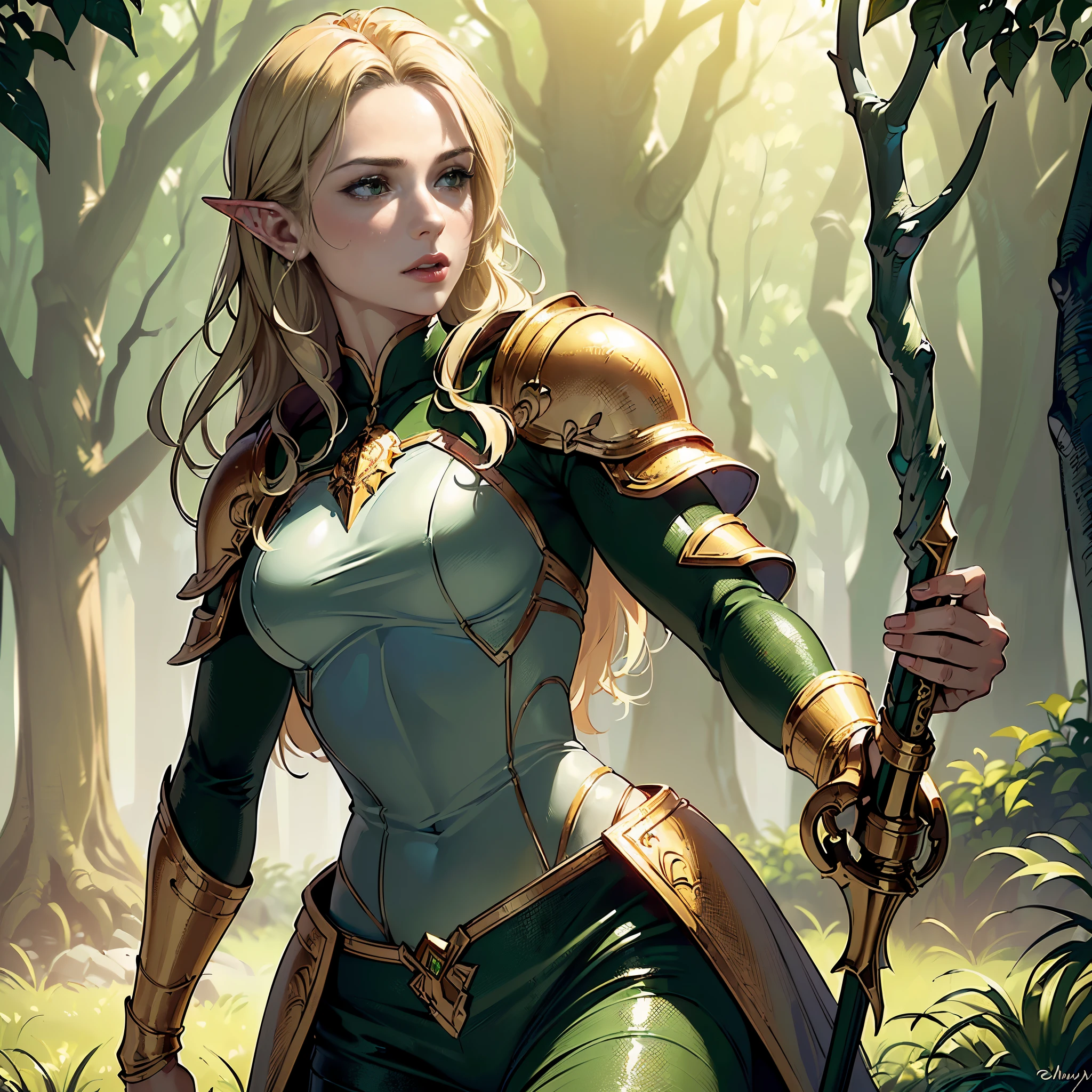 ((Quality: masterpiece, best quality, UHD, anatomically correct, photo realism, textured and detailed skin, skin pores, skin imperfections, textured and detailed hair, dramatic lighting, high contrasting light and shadows, complimentary colours)), inspired by the natural rain forest, elven archer fantasy warrior, flowing cape, detailed chrome armor, ((green, yellow, gold))