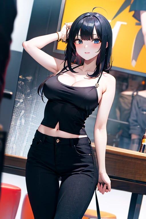 Black hair, large breasts, sexy, ((white spaghetti strap top)), jeans, pub