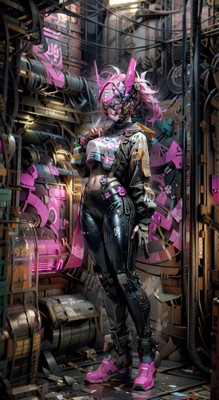 8K,Ultra Detail,ultra-quality,ultra precision,ultimate masterpiece,Girl,big boobs,big Thigh,bomber jacket,long leather pants,long twin tail(blond)(innercolor of pink),cool Graffiti on the wall,Cyber punk mask,Theme of Cyber Punk,