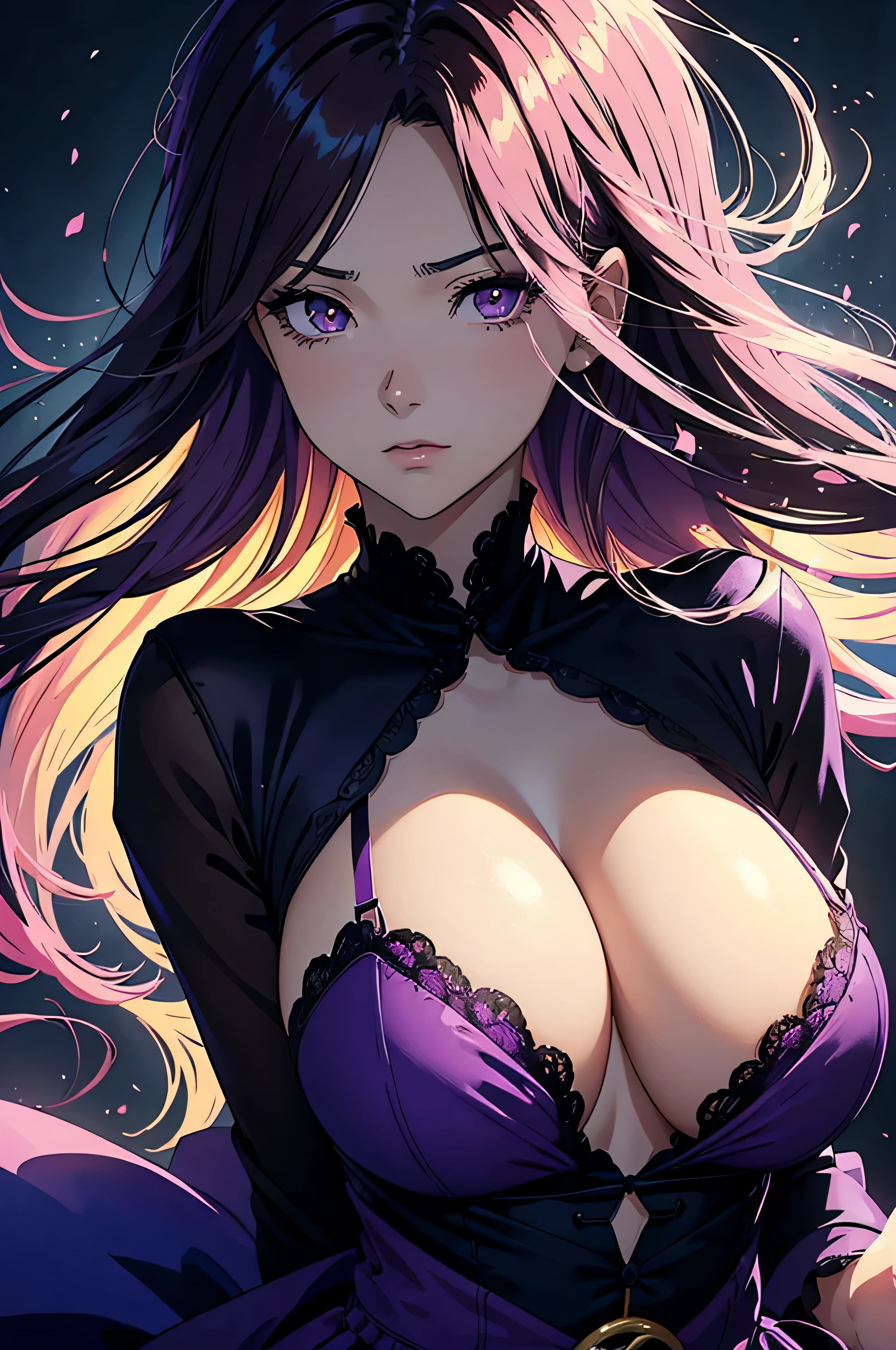 create an anime drawing of a woman with big chest holding onto a purple dress, in the style of portraits with soft lighting, horror manga, neon color palette, light yellow and dark black, strong facial expression, olympus xa2
