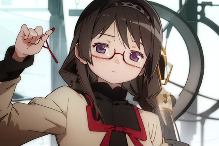 1girl in，独奏、Detailed details，​masterpiece，Black hair，purple eyes black headband，bustup，Red glasses