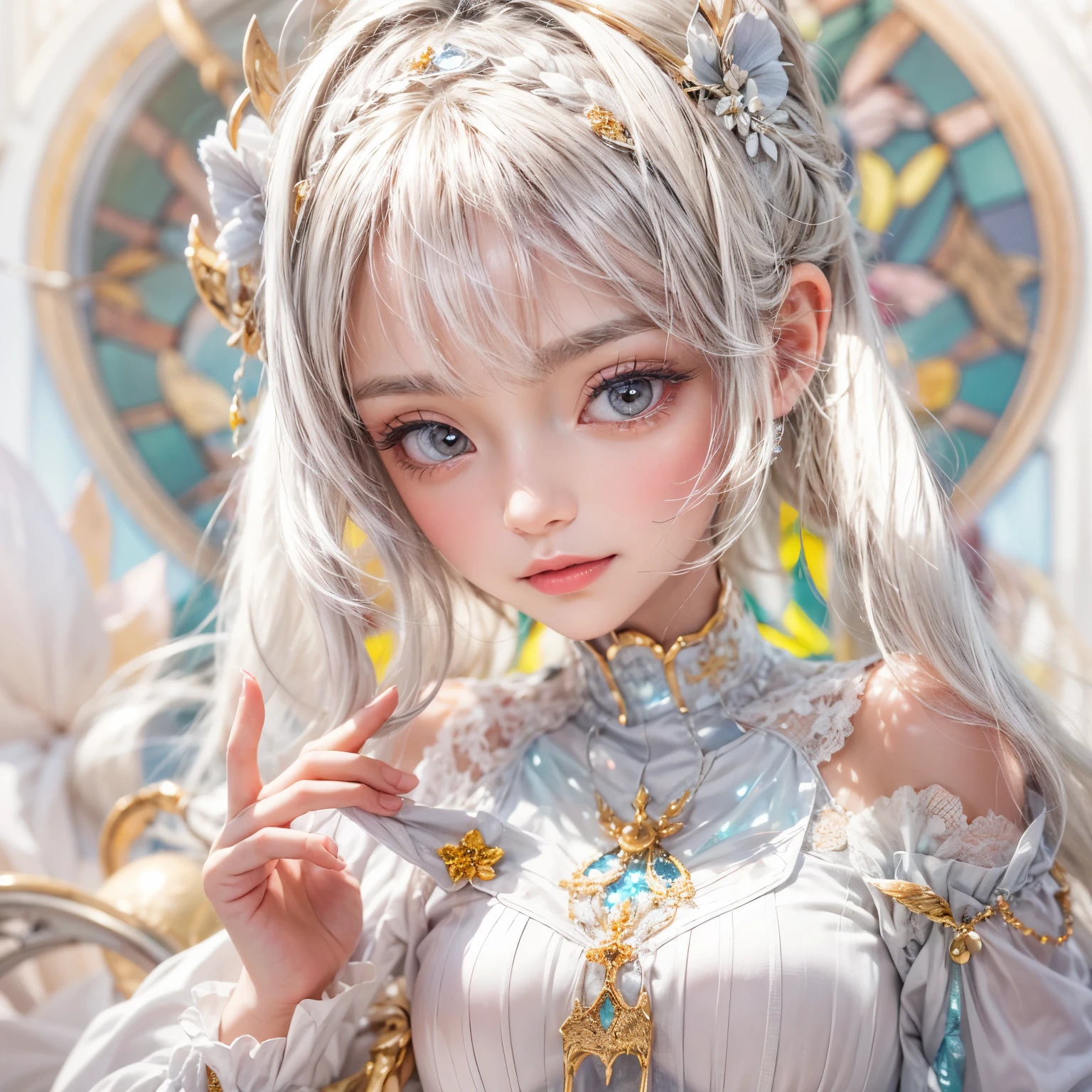 SFW, concept art, Tiny junior idol, Delicate lace knitted white clothes, (nipple:-0.9), face closeup, (Dazzling stained glass Background), (((Renbutsu Misako), colorful Light shines through delicate stained glass:1.2, vivid red colors, lense Particle, lens flare, light Particle, Dazzling Halo, Acutance:0.8)). (masterpiece:1.2),(ultra-detailed:1.37),(realistic,photorealistic,photo-realistic:1.37), (Extremely detailed KAWAII face variations, innocent expression variations), rosy cheeks, intricate detailed eyes with sparkling highlights, long eyelashes with volume, subtle blush on the face. Mystic sight, haze, impeccable skin texture, captivating gaze, ((Dynamic-angle, physically-based rendering)), whole Body proportions and all limbs are anatomically accurate .