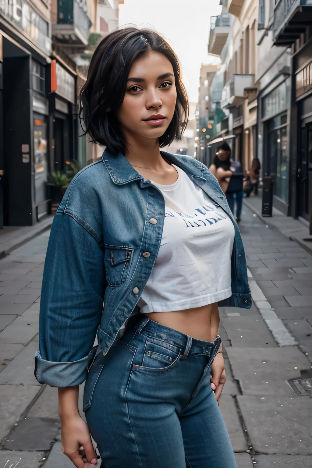 photo full body of a woman size 90-60-90. she is wearing jeans, t-shirt and a denim jacket, urban style, she has short and black intense hair, pure white skin , full body view, green eyes. sensual mouth. she’s inside in a famous place of Madrid. the background is unfocused. shot with Sony Alpha a9 II and Sony FE 200-600mm f/5.6-6.3 G OSS lens, natural light, hyper realistic photograph, ultra detailed, half body, ultradetailed skin, realistic, photorealistic, Extremely Realistic, perfect waist, Short Hair, egyptian_bob_hairstyle, , a_line_haircut, realhands,