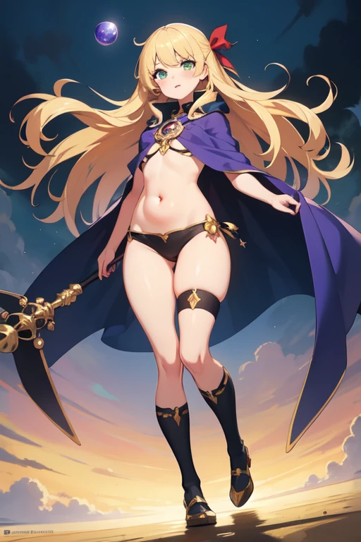 (masterpiece, top quality, best quality), 1girl,full body, blonde, long golden hair in the wind, green eyes, witch outfit, holding a blue orb, holding a staff, exposed belly, small breasts, purple cloak, knee socks, big thighs, big legs, ribbon over the chest