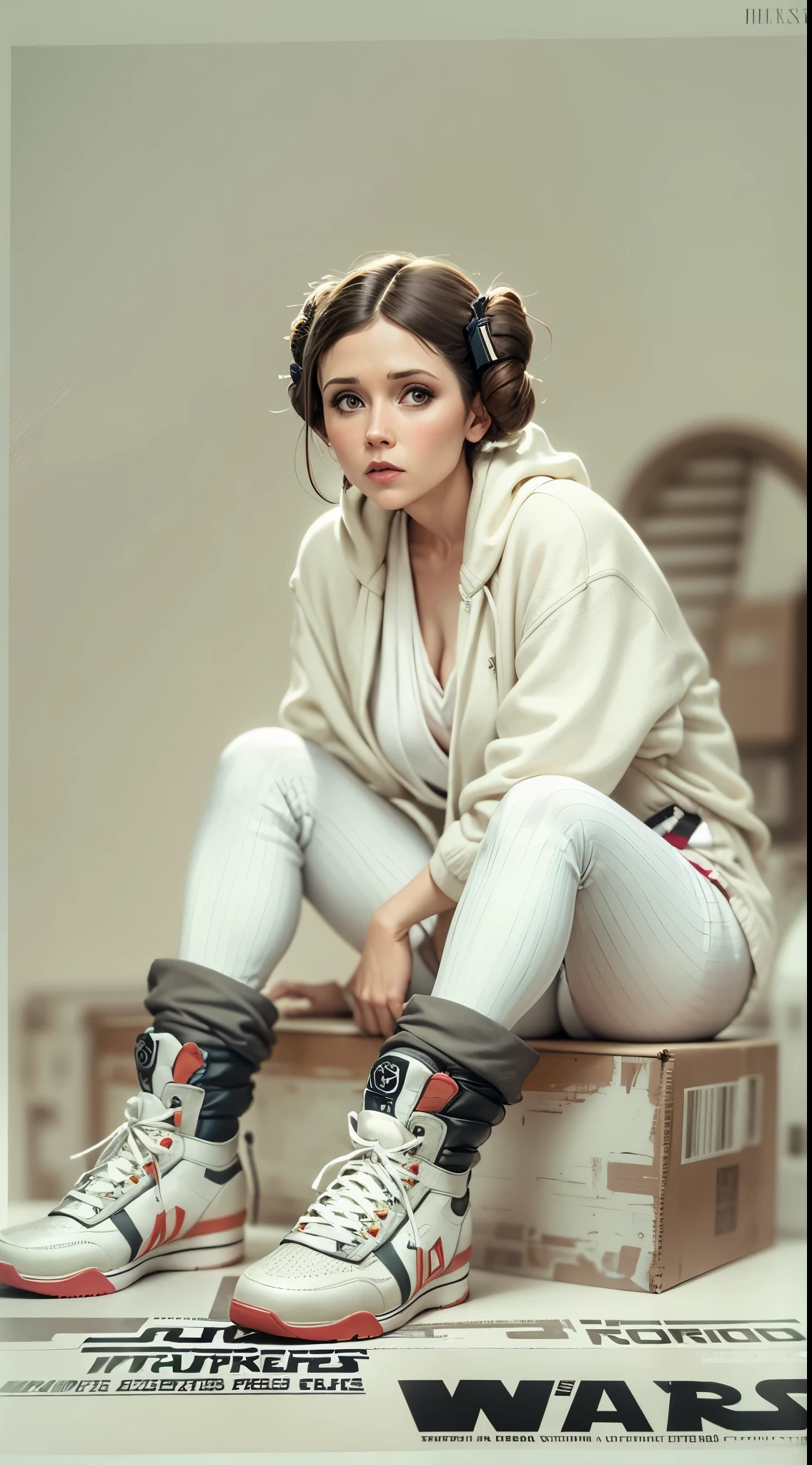 Star wars, Lukasfilm, Princess Leia Advertises Star Wars White High Top Designer Sneakers, hyper realisitc, Sits, Professional shooting, young Carrie Frances Fisher 25 years old. ultradetail