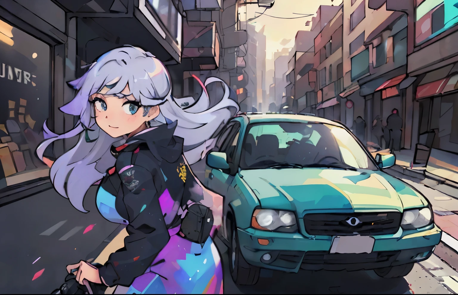 A girl riding in an SUV, glossy car paint, vibrant colors, realistic rendering, detailed features, bright sunlight, urban background, fashionable outfit, confident expression, long flowing hair, cityscape, bustling streets, stylish accessories, car interior details, rearview mirror, polished metal surfaces, professional photo quality.