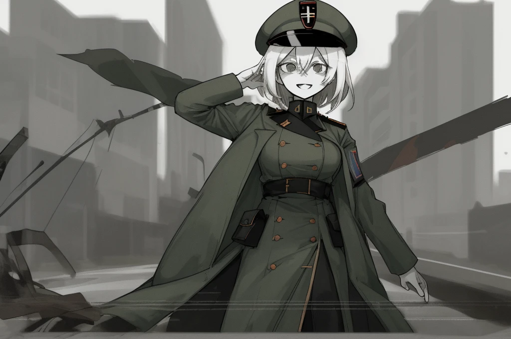 city ​​street,
Beautiful (fascism In fascist clothes and a fascist hat, Sadistic smile.:1.2), opened mouth, BREAK photo below, Short Messy Hair, deranged look, limited palette, blurry shading, Old military uniform, Full-length