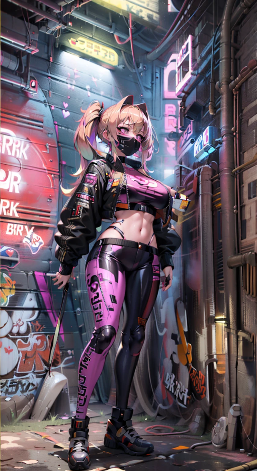 8K,Ultra Detail,ultra-quality,ultra precision,ultimate masterpiece,Girl,big boobs,big Thigh,bomber jacket,long leather pants,long twin tail(blond)(innercolor of pink),cool Graffiti on the wall,Cyber punk mask,Theme of Cyber Punk,