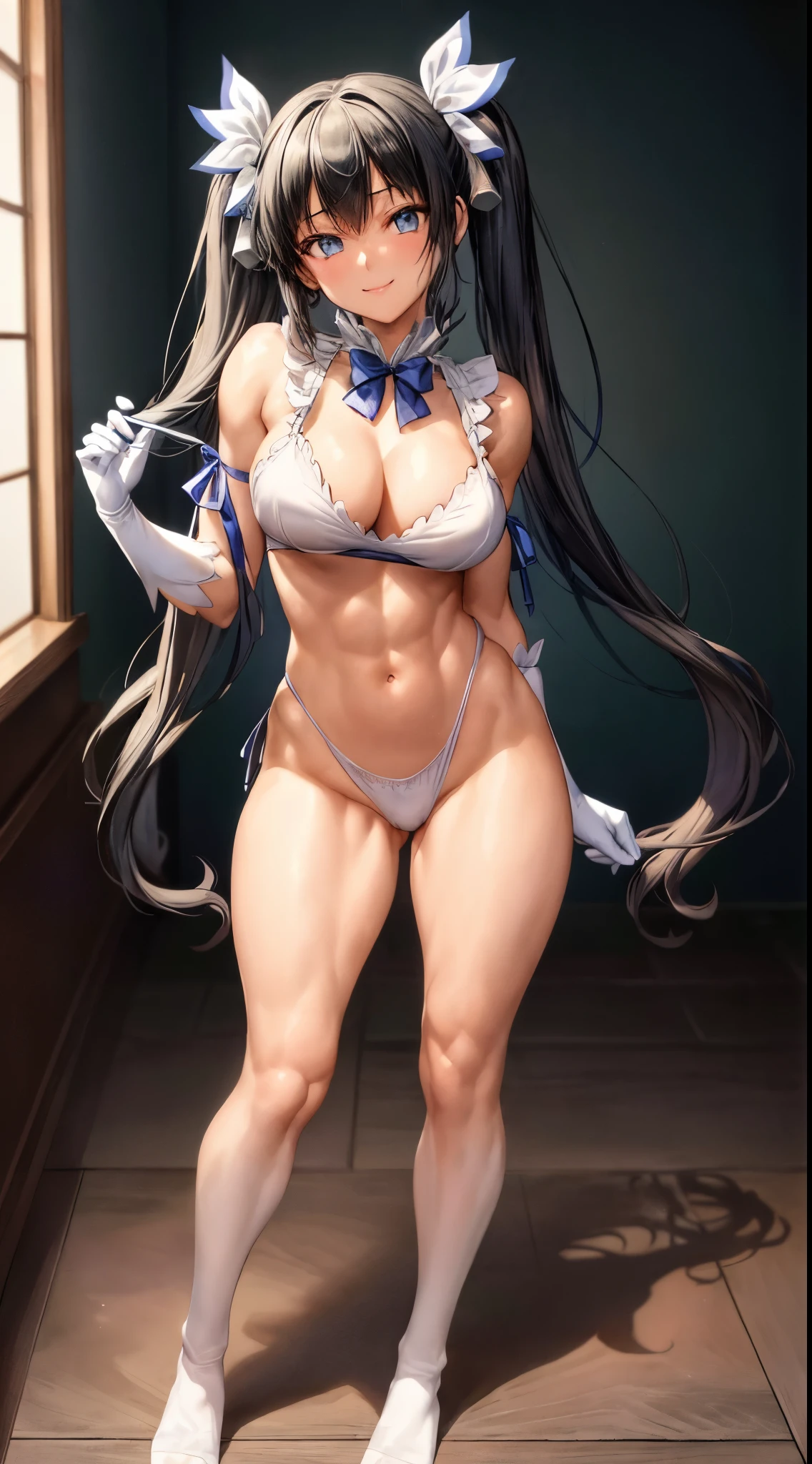 (masterpiece, best quality, extremely detailed CG, beautiful detailed eyes, ultra-detailed, {{{in the motel room}}}, intricate details: 1,2), 8K Wallpaper, elaborate ets, (1girl, alone : 1.4), standing, (anime style textures), very high resolution, (vibrant colors, dynamic lighting: 1.0), (high contrast: 0.8), cookie (Danmachi), breong hair, blue ribbon, (twintails) , gloves, ribbon, dress, king no, himo, big breasts, black hair, (slim), white Gloves, cleavage, white dressibbon, bow, sleeves, sleeves dress, fringe, cropped neckline, ornament hair, bow tie, cutout clothes, very long hair, level dress, arm ribbon, (full body: 1.1), smile, cute, muscular legs, muscular belly, pants, stand, barefoot