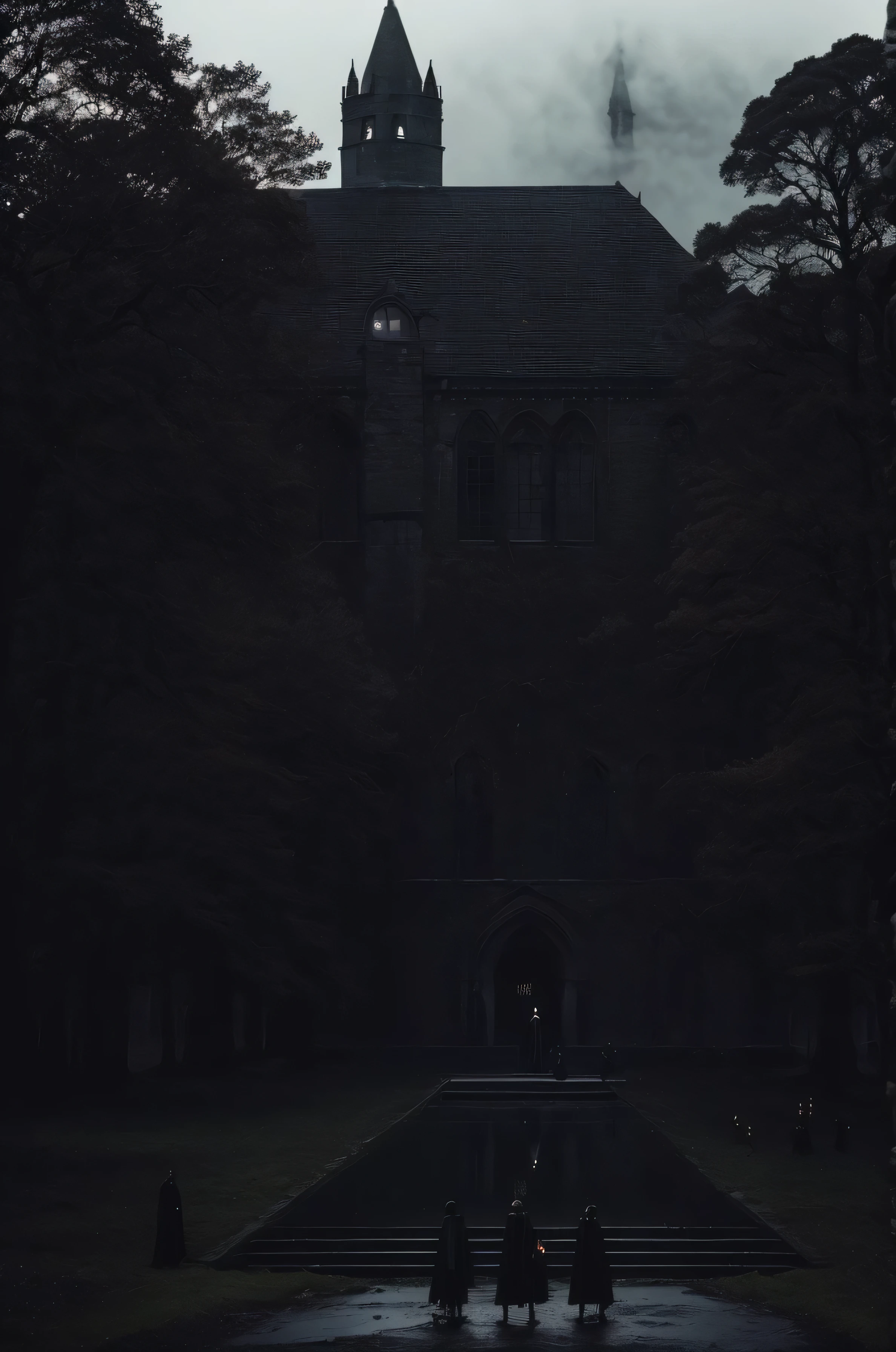 Horrid, possed, black mirror, cult, portrait, Dark magic, ominous, vintage, demon succubus dark night ritual. naked women standing around the dark misty hall,castle demon shadow in the background.