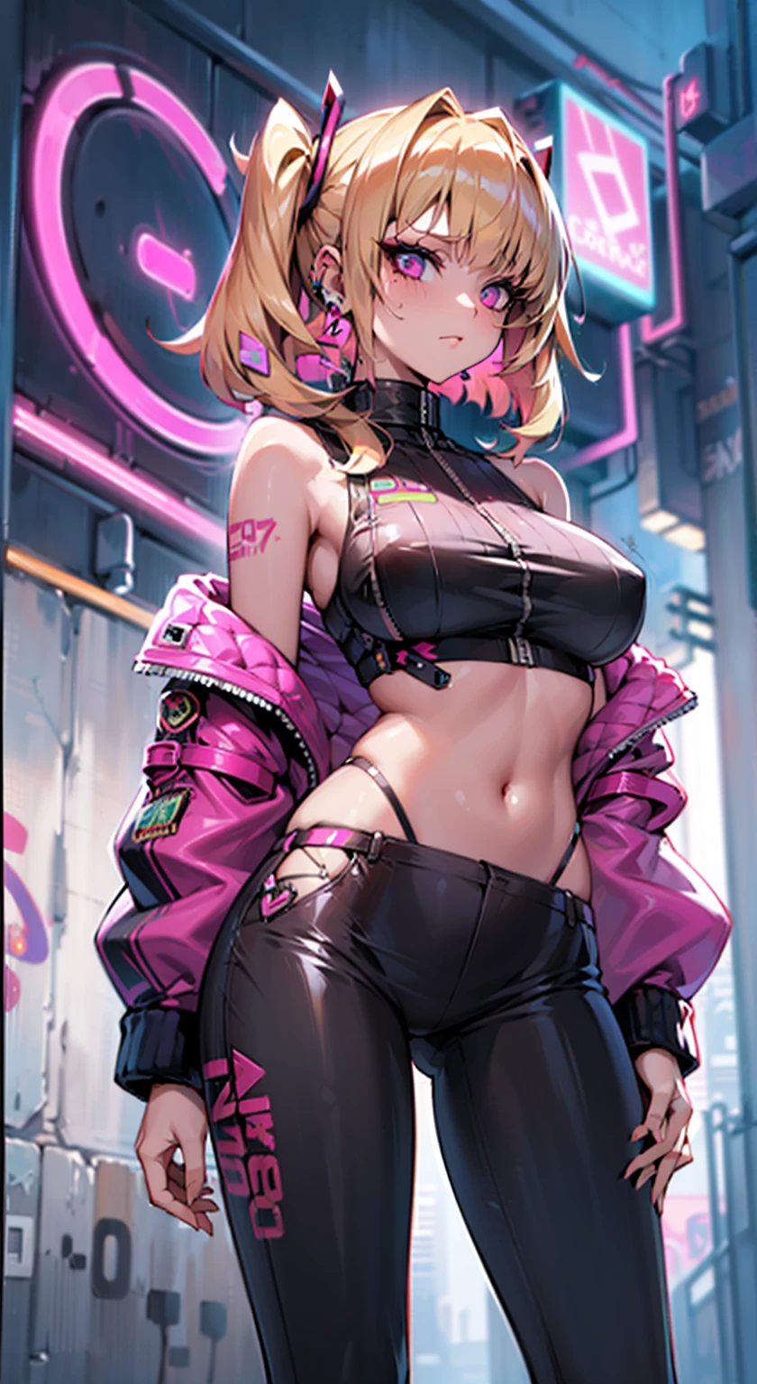 8K,Ultra Detail,ultra-quality,ultra precision,ultimate masterpiece,Girl,big boobs,big Thigh,bomber jacket,long leather pants,long twin tail(blond)(innercolor of pink),cool Graffiti on the wall,Cyber punk mask,Theme of Cyber Punk,