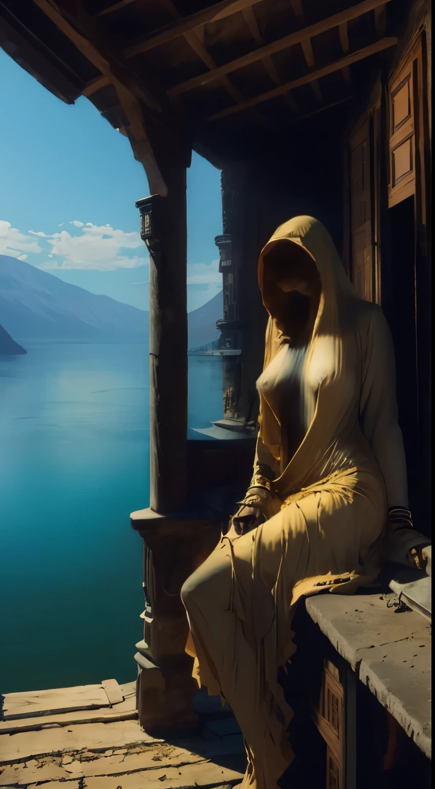 anime style, best possible quality, perfect design, masterpiece,
environment: porch of wooden house under lake, the house is supported by piles, wooden bridge from the shore of the large lake to the porch of the house,
part: beautiful nude brunette woman, curly brown hair, light brown eyes, dark brown skin, red lipstick on her mouth, perfect neck, beautiful firm, round, perfect nude breasts medium size, large nipples with large areola, pubic area with bare hair , beautiful legs, golden anklet,
action: she is sitting in a chair on the balcony, with her legs open, showing the naked region of her vagina and groin, a malicious look and smile, curled hair moving in a light breeze.
dusk, sun setting on the horizon of the long and extensive lake