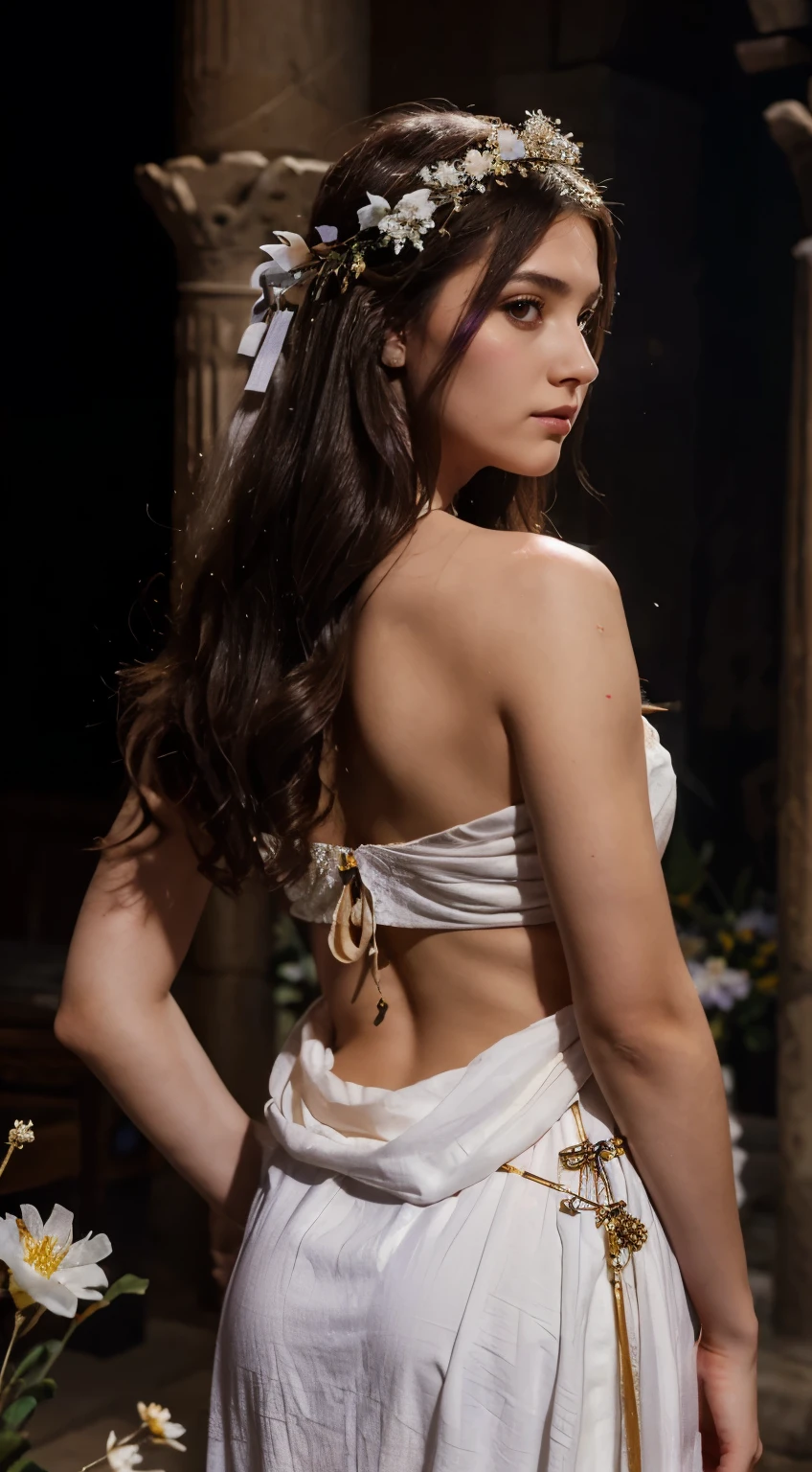 A beautiful girl of 24 years old stands by the throne wearing an ancient Greek dress which is white in color, a crown of wild flowers on her head, a poisoned arrow in her back, purple dim light emanating from the arrow falling on her hair and purple smoke rising from the arrow