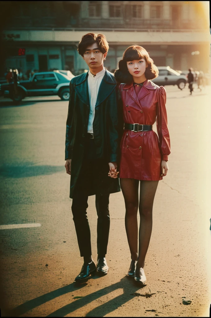 (full body:1.5)(Flicker effect:1.4)(analog film photo:1.4)(vintage photo:1.4)(portra 400:1.3)(instant film:1.3)( standing 1 woman in a retro vintage fashion:1.2)1 woman, Korean idols, japanese beauty, high quality, (detailed face:1.4) best quality, 8k,afterdark, twilight.