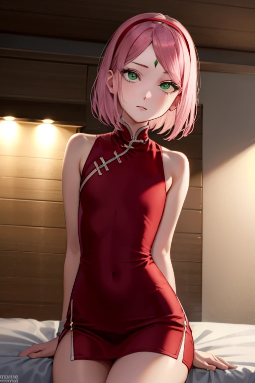 sakuraharuno, sakura haruno, short hair, bangs, (green eyes:1.5), pink hair, hairband, facial mark, (forehead mark:1.2), red hairband, (swept bangs:1.5), (small breast:1.2),
BREAK chinese clothes, dress, (red dress:1.2), short skirt, black shorts, gloves, black gloves, sleeveless,
BREAK looking at viewer, ahegao, rolling eyes
BREAK indoors, bed,
BREAK (masterpiece:1.2), best quality, high resolution, unity 8k wallpaper, (illustration:0.8), (beautiful detailed eyes:1.6), extremely detailed face, perfect lighting, extremely detailed CG, (perfect hands, perfect anatomy),