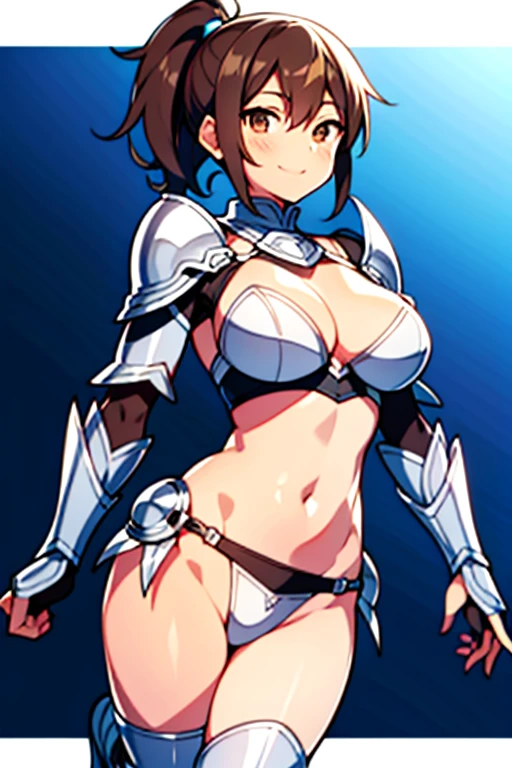 (1girll,Solo) ,Fantasy, hight resolution, 19 Private, Original, (Sheath on the waist:1.3), Smile with open mouth, , Short hair, medium breasts, view the viewer, Bangs ,Hazel Eye Detail, , Hands on the chest,(Brown hair,short ponytail hair:1.5), ,Short hair, Standing,straight-on, ABEC,(full body Esbian:1.1), white thighhig,(ABEC:1.4),Close-up portrait of a woman in silver armor, armor girl, bikini armor female knight, silver bikini armor, silver bikini armor, Gorgeous Female Paladin, Female knight, of a beautiful female knight, Beautiful armor, A slender、silver bikini armor, Exposure of the abdomen, Glamorous Silver Bikini Armor, stunning armor, The knight of beauty smiled,Longitudinal navel、skin gloss、skin gloss、full body Esbian,Futomo,Silver Armored Boots