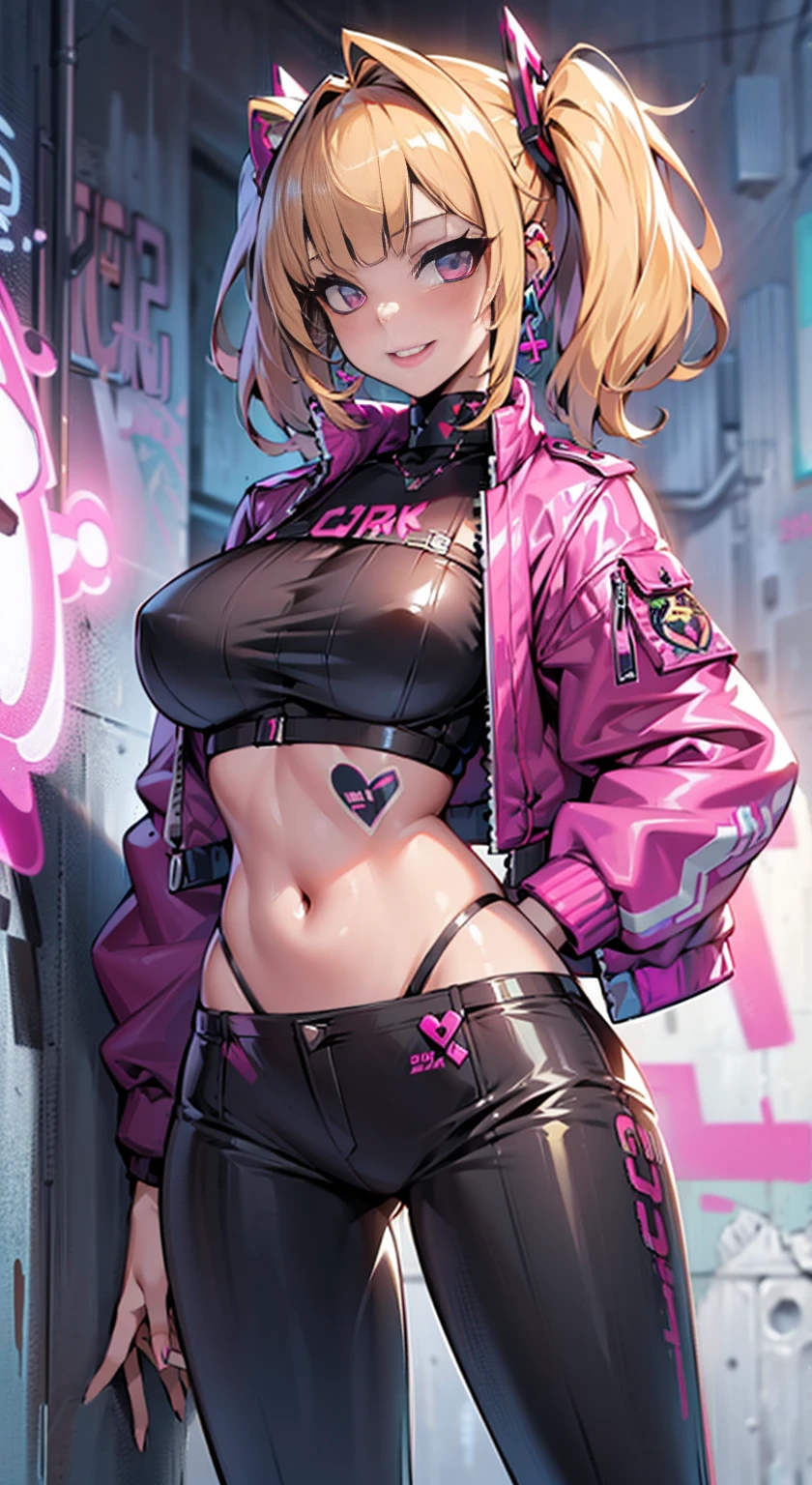 8K,Ultra Detail,ultra-quality,ultra precision,ultimate masterpiece,cutie Girl,big boobs,big Thigh,bomber jacket,long leather pants,long twin tail(blond)(innercolor of pink),cool Graffiti on the wall,Cyber punk mask,Theme of Cyber Punk,smile,double peace,