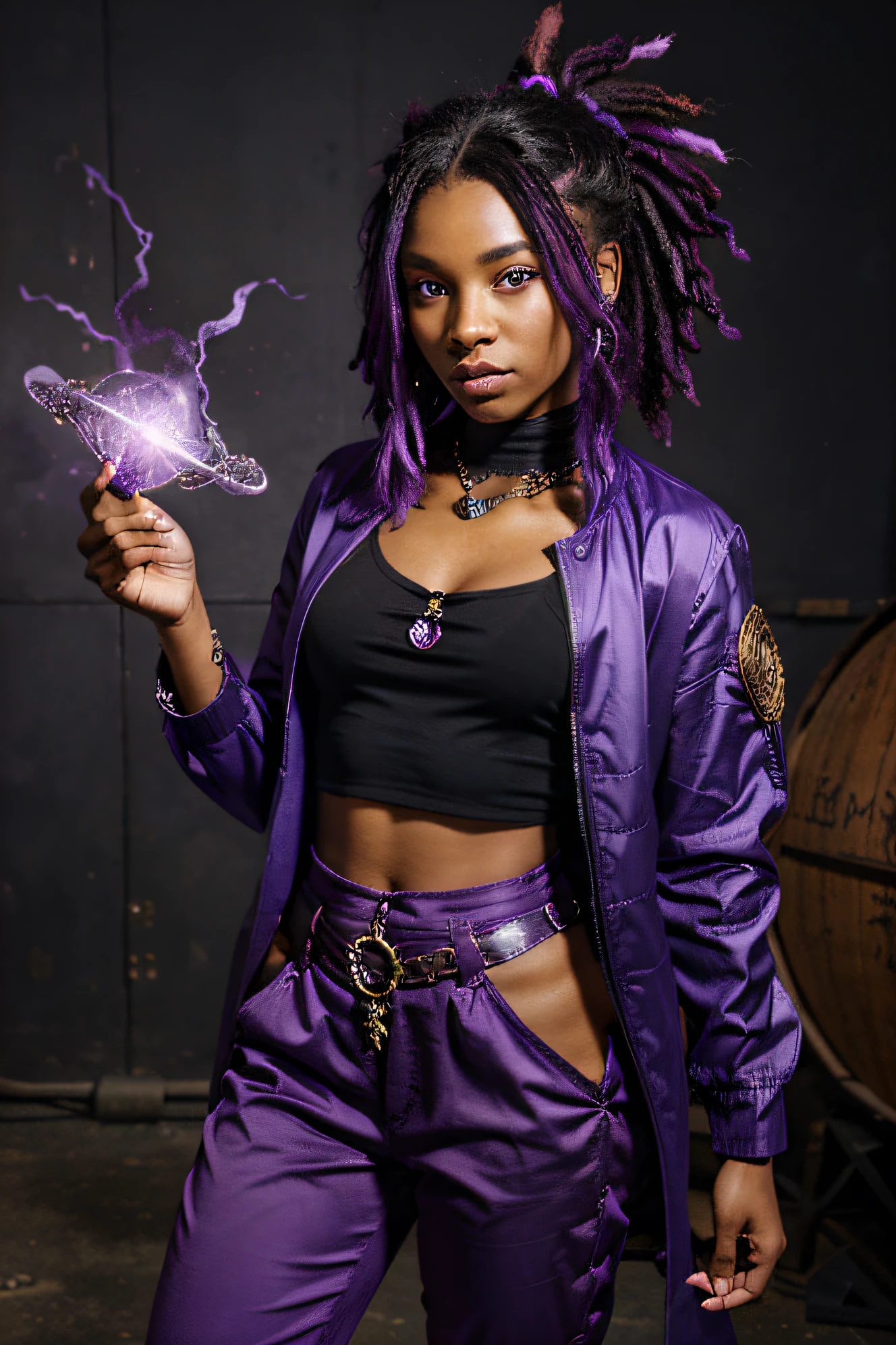 black woman,  Fantasy clothes, Purple pants,Fairy wings,the greek god, A hand holding a wizard&#39;s wand, Ballistic hand explodes in hand, Purple colored hair, funk, Purple shirt,blue jacket, red eyes, chakra stone necklace