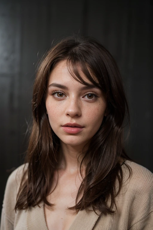 A 23-year-old white woman, de cabello corto y ojos negros. Tiene un lunar en la mejilla y usa flequillo.